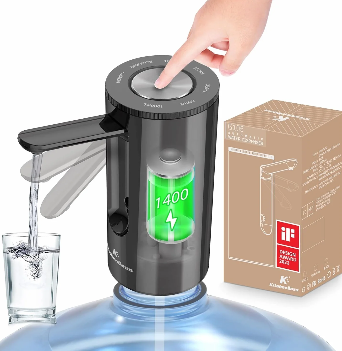KitchenBoss Pompe Distributeur d'Eau Électrique USB Type-C pour Bouteilles 3.8-18.9 L Noir