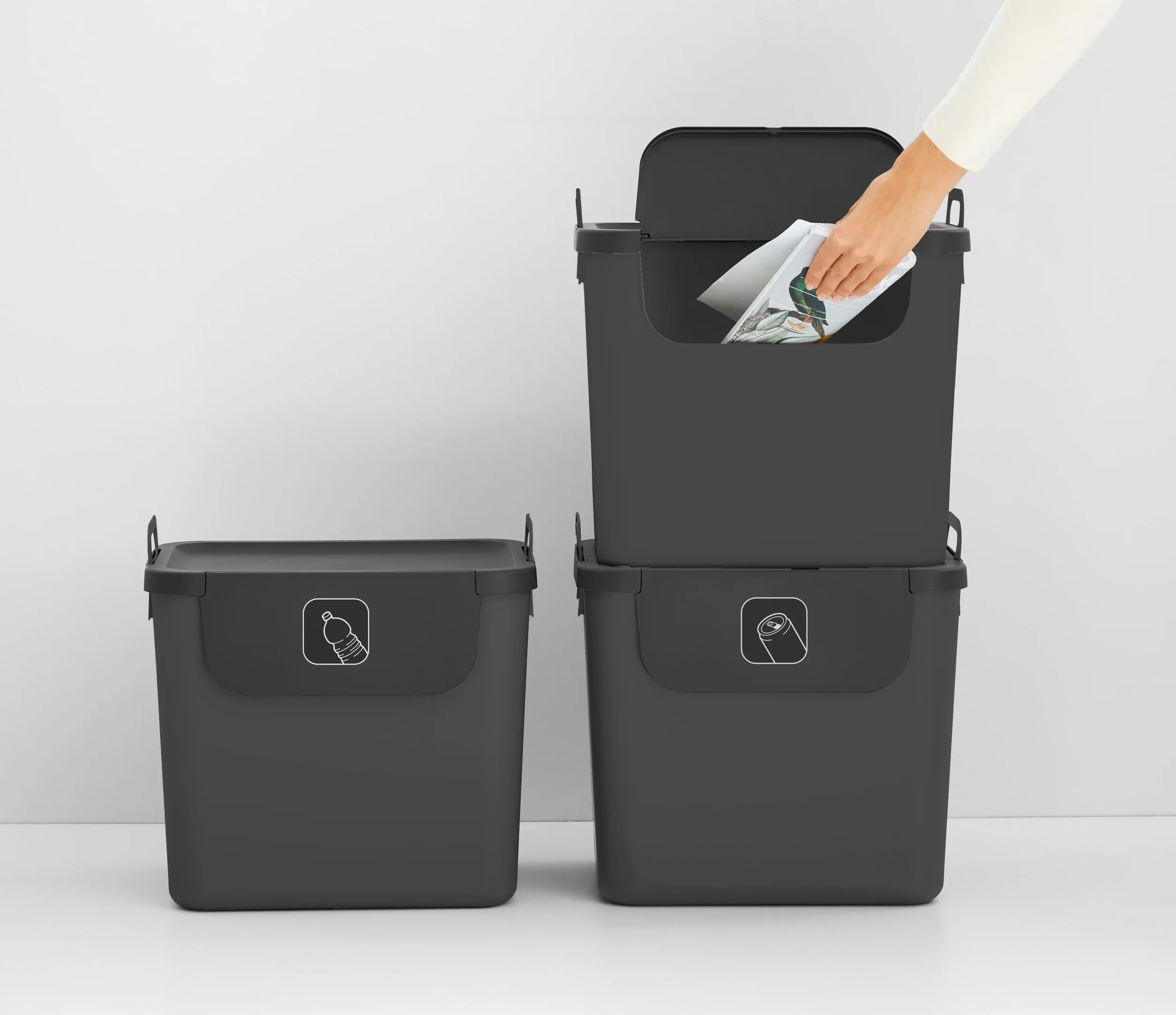Jive Rotho Recycling Müllsystem anthrazit Set 3 poubelles de tri 30l plastique PP recyclé gris foncé