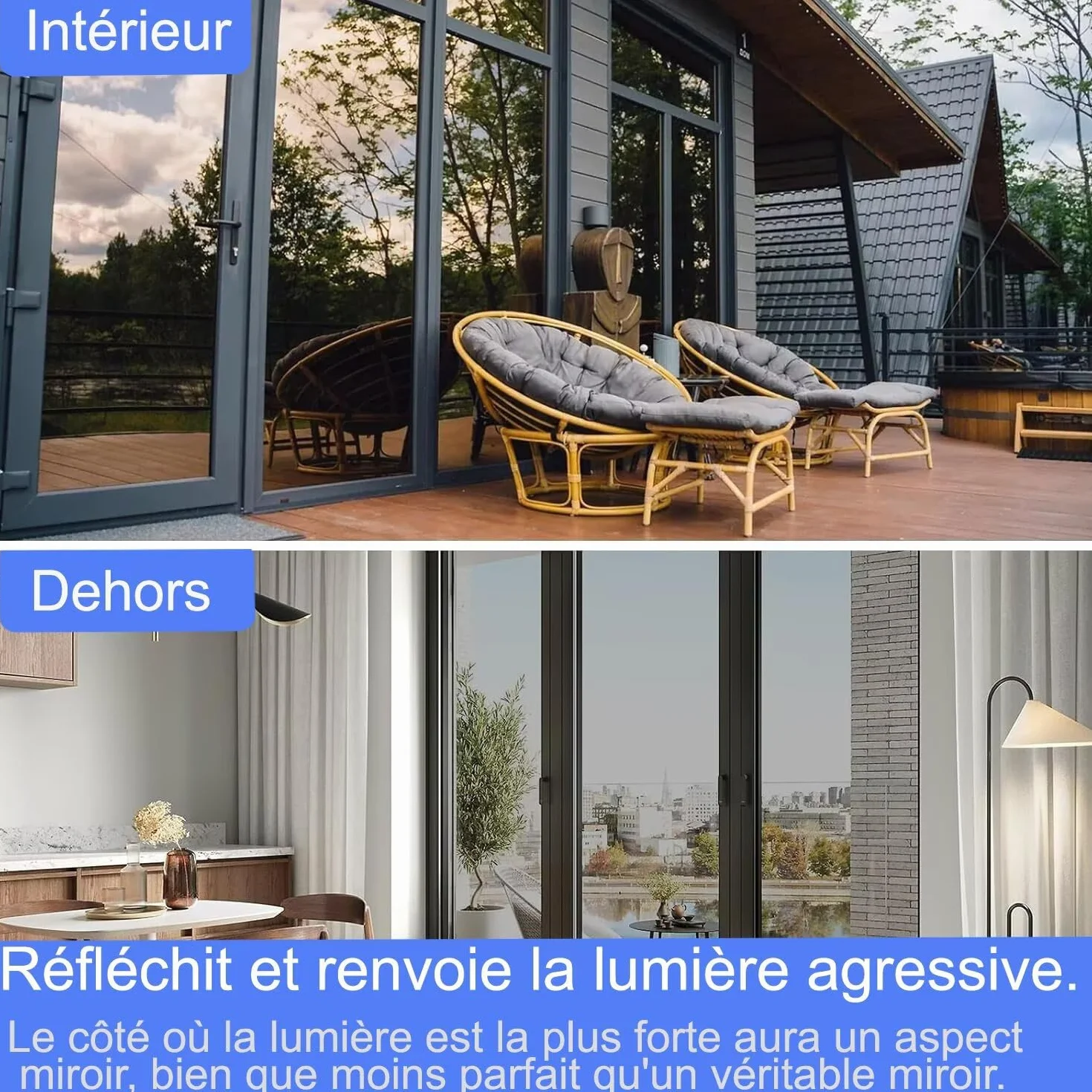 Film Miroir pour Fenetre 44.5x200cm Anti Regard Adhesif Effet Miroir sans Tain Brise Vue Anti Chaleur Anti UV Argenté