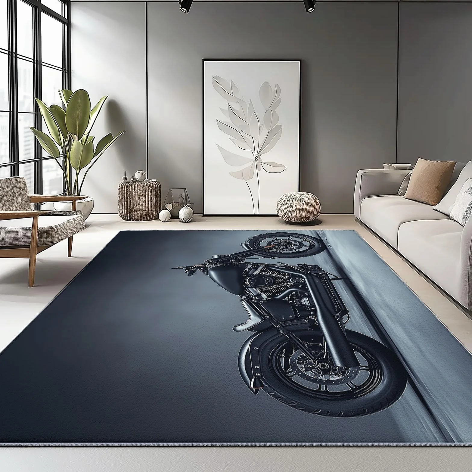 Tapis Salon Moto Moderne Imprimé Antidérapant 140 x 200 cm Noir