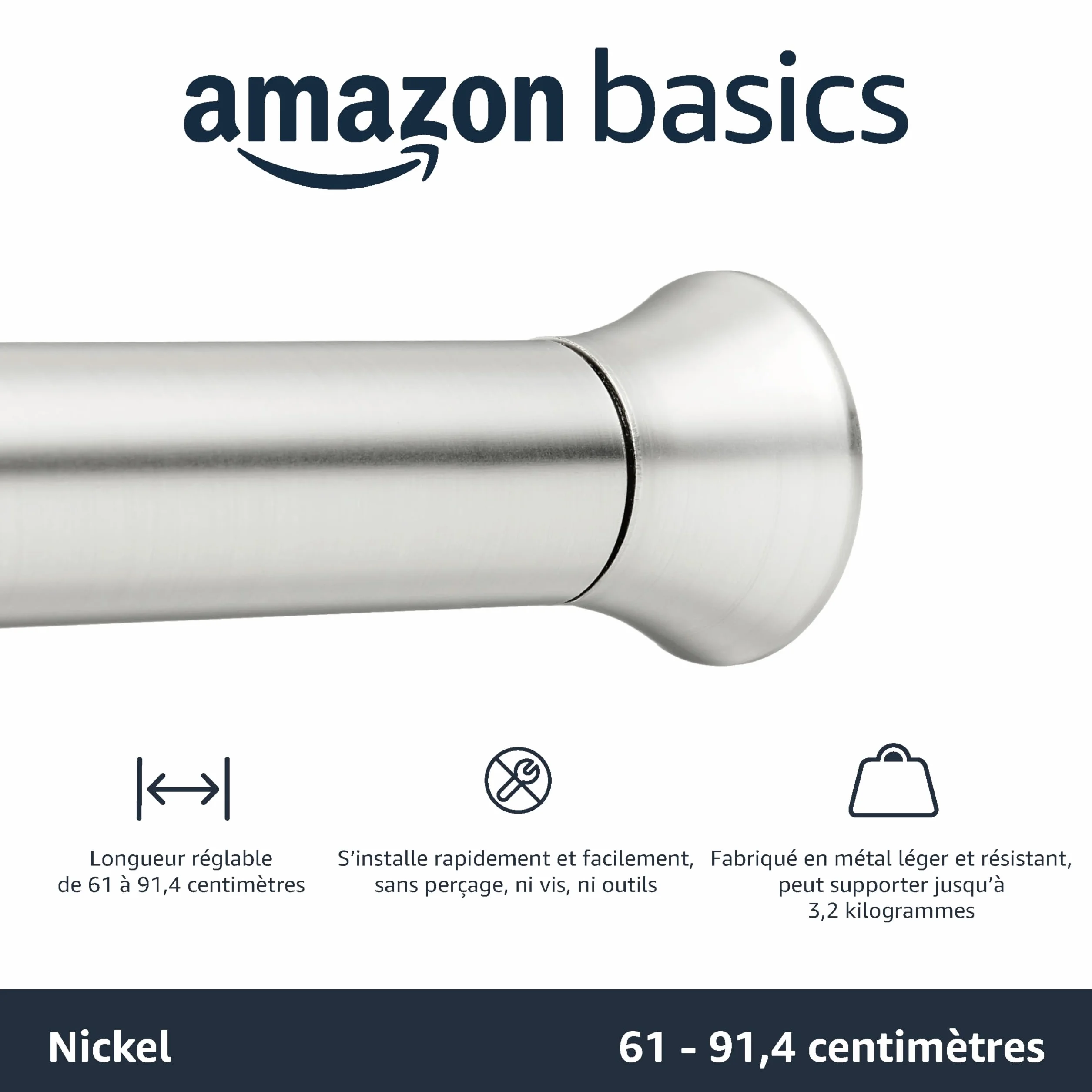 Amazon Basics Tringle de rideau de douche extensible ajustable nickel 61-91 cm