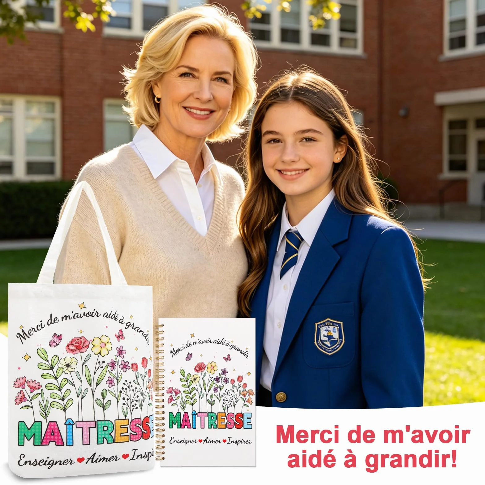 Echehi Cadeau Maitresse d'École Fin d'Année, Avec Tote Bag, Carnet A5, Stylo
