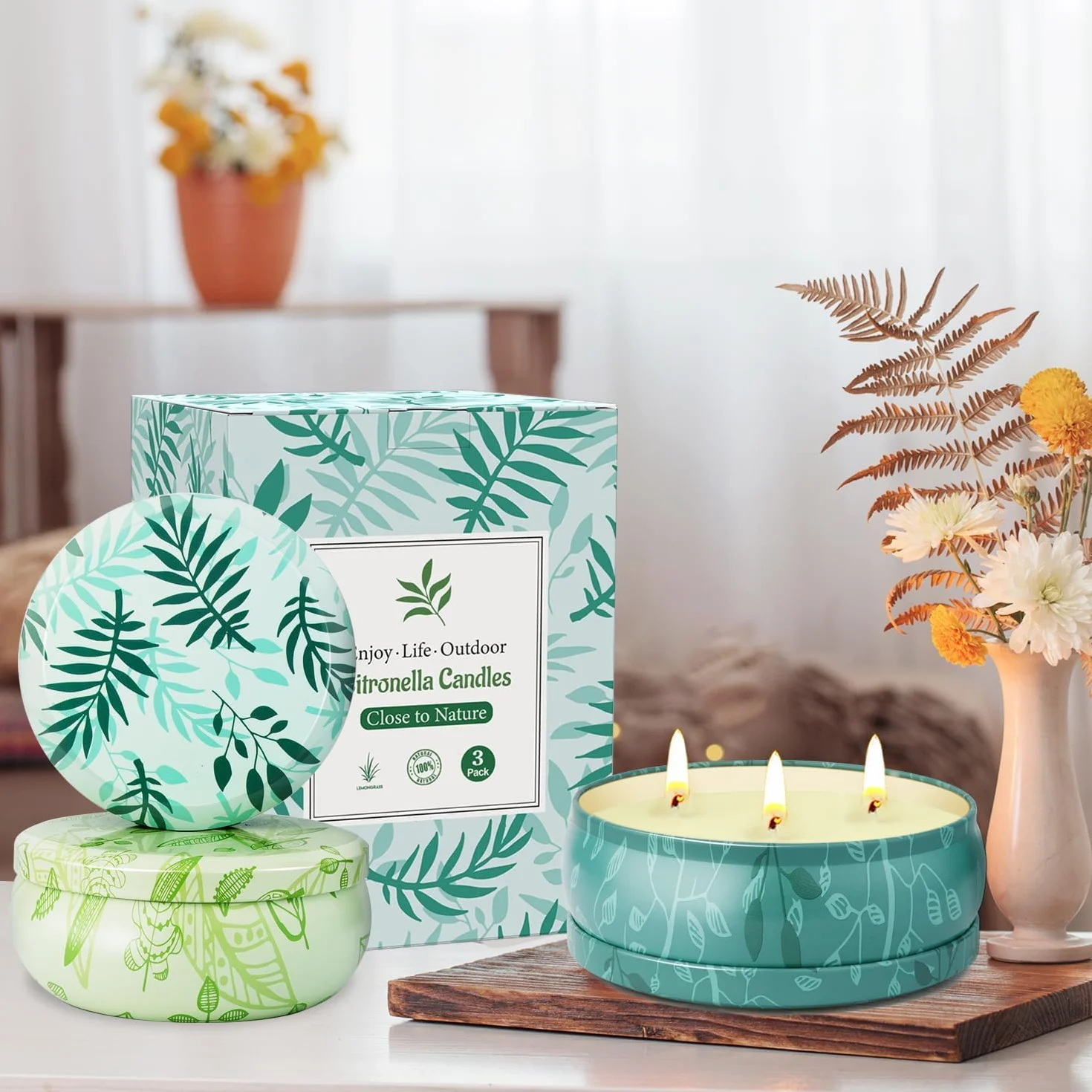 Bougie d'extérieur Citronnelle 36 oz 3 Mèches, Cire de Soja Naturelle, Jardin, Camping, Terrasse