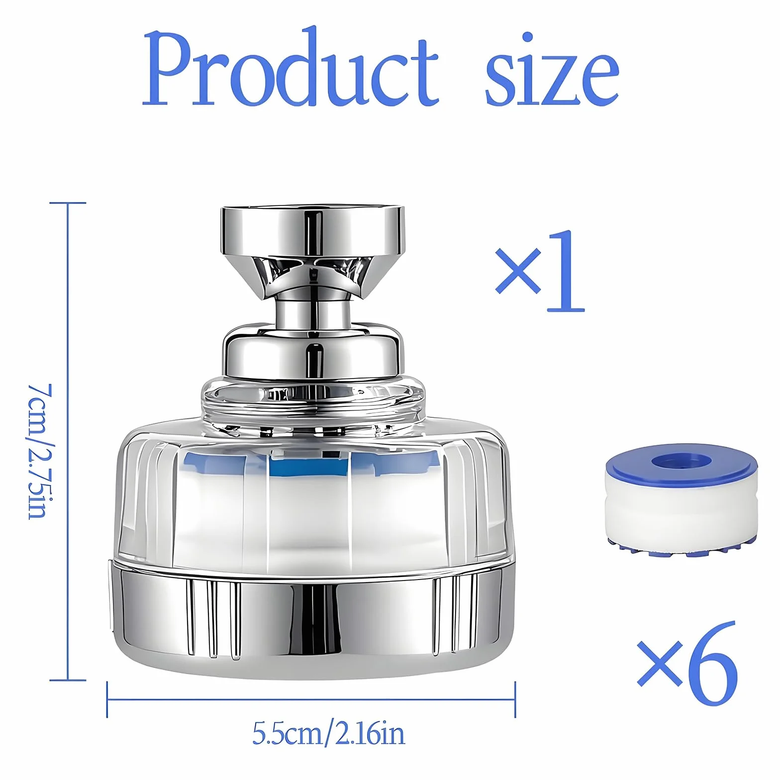 Filtre à eau Robinet Anti Calcaire avec 6 éléments Filtrants en coton PP, Tête de Pulvérisateur Rotatif 360°