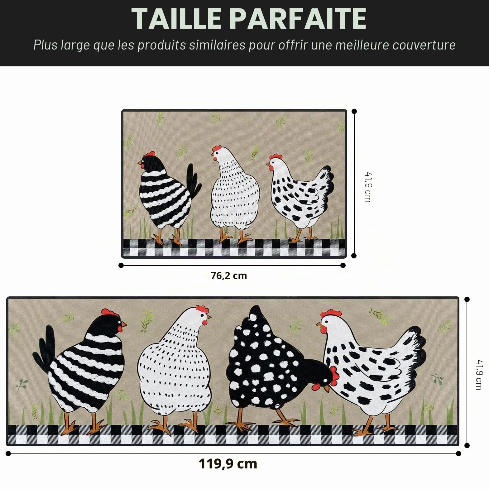Lot de 2 tapis de cuisine antidérapants lavables motif coq 39,9x59,7 cm et 39,9x119,6 cm noir et blanc
