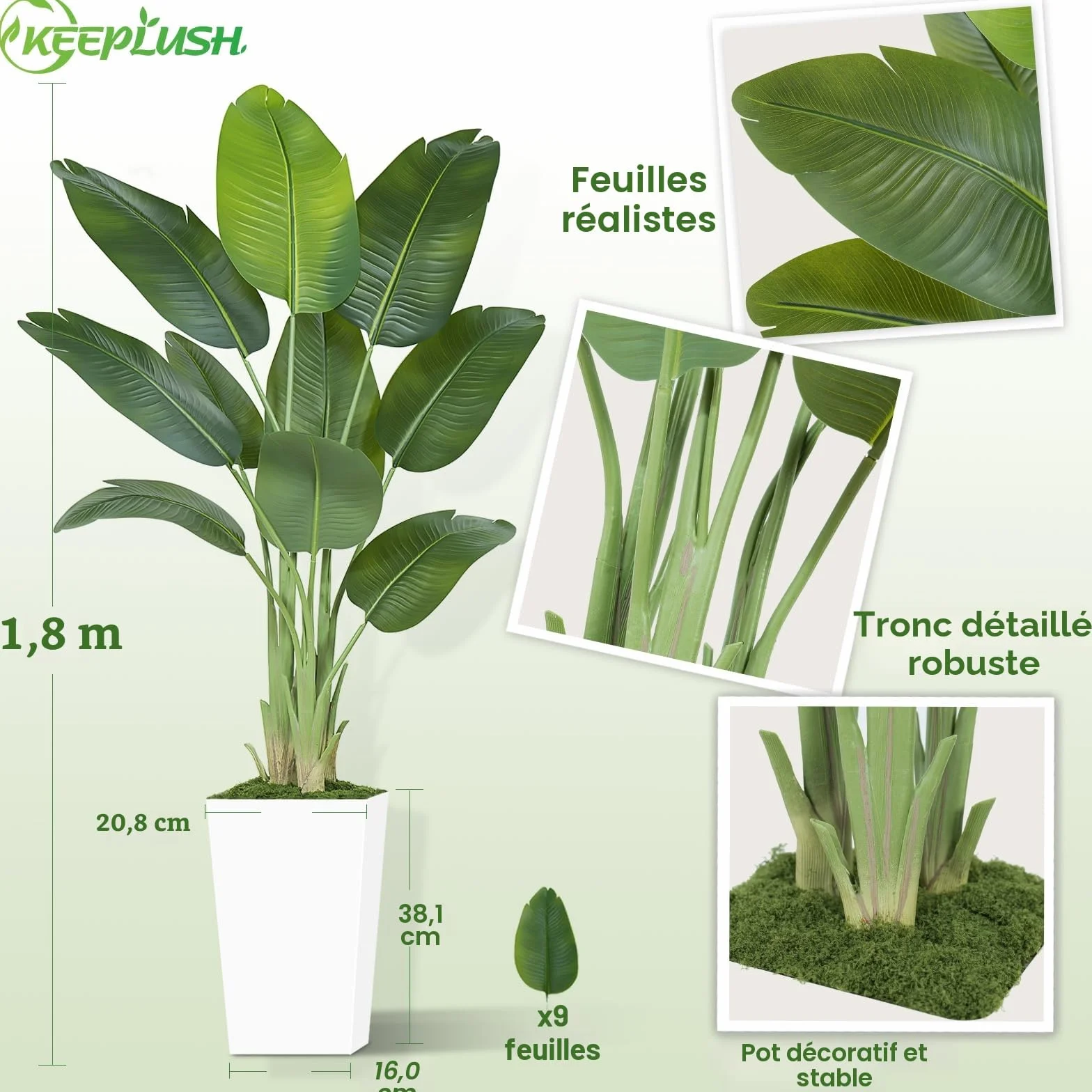 Plante Artificielle Oiseau de Paradis 180cm Pot Blanc Palmier Tropical Feuilles de Bananier Décoration Intérieur Bureau Salon