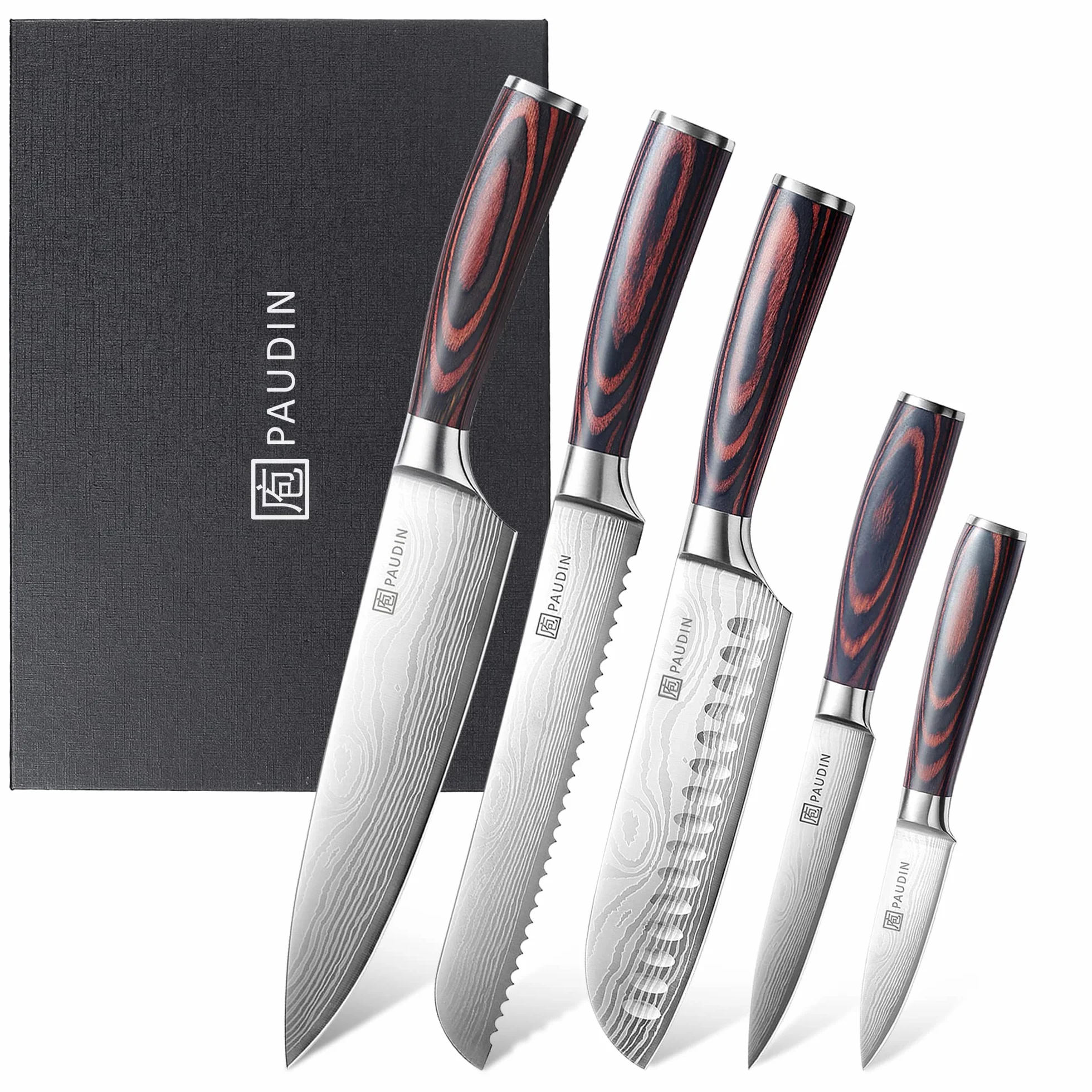 PAUDIN Set Couteau Cuisine Professionnel 5 Pièces Acier Inoxydable Couteau Chef Santoku Bois