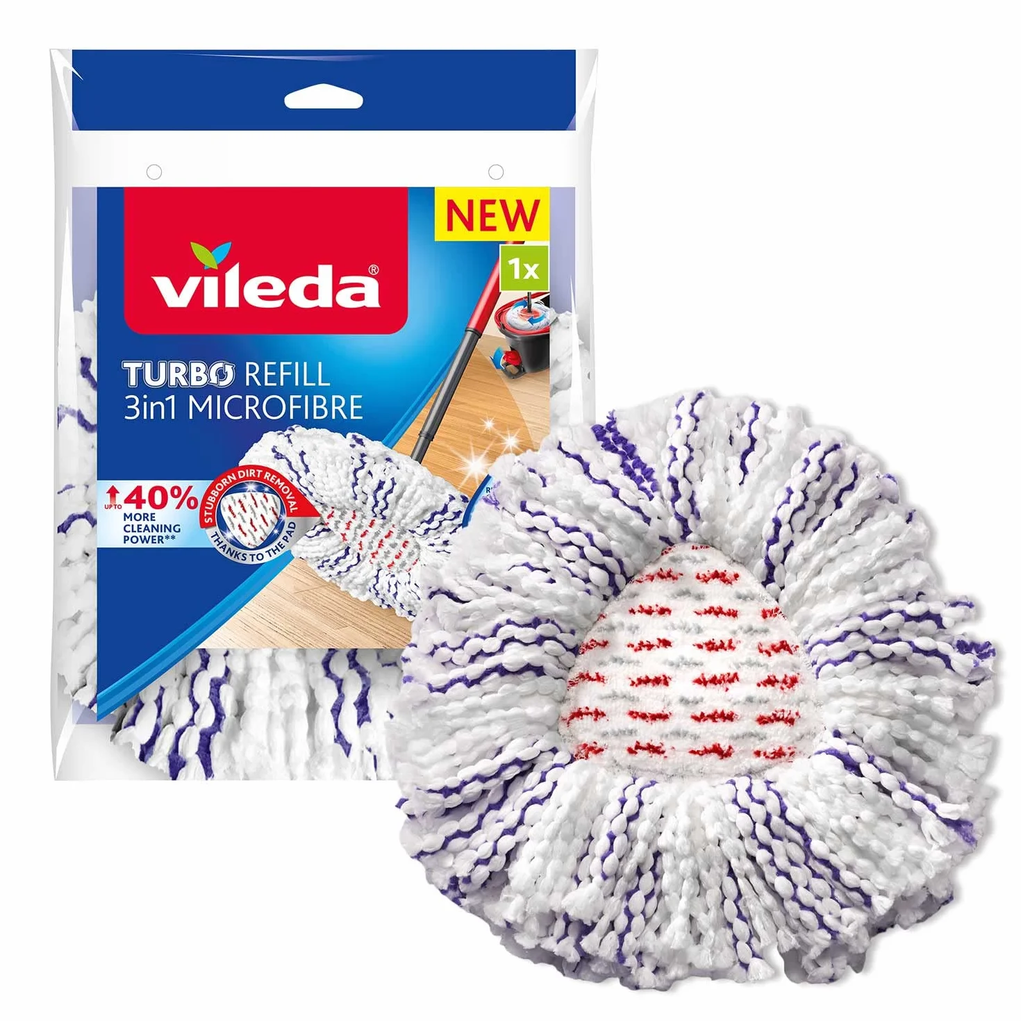 Vileda Recharge Serpillière Turbo 3en1 Microfibres Surfaces Texturisées Franges Surfaces Dures Compatible Systèmes Rotatifs Seau Essoreur