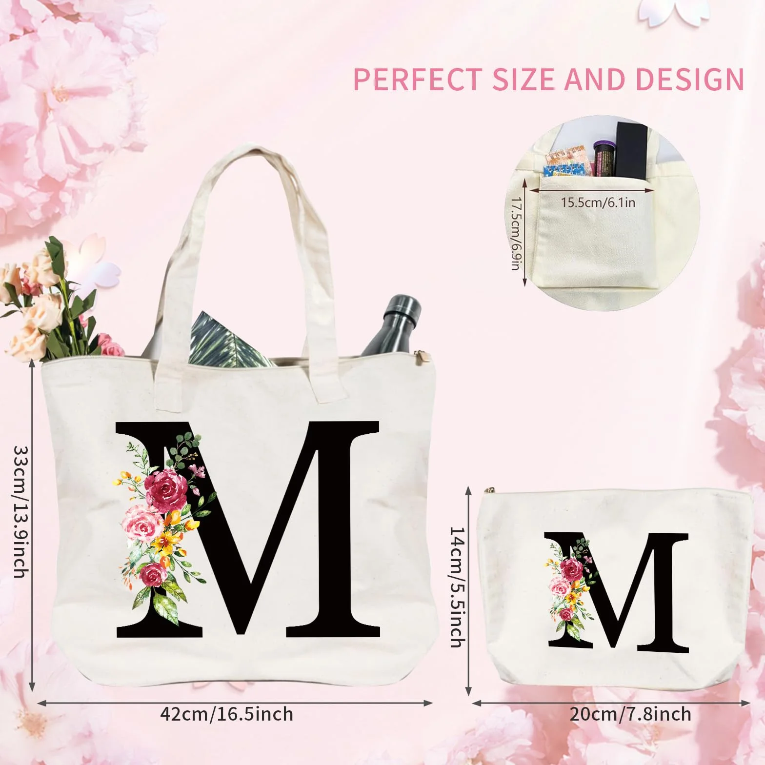 Sac Fourre-Tout en Toile Tote Bag Personnalisé avec Initiale Fleur pour Femme