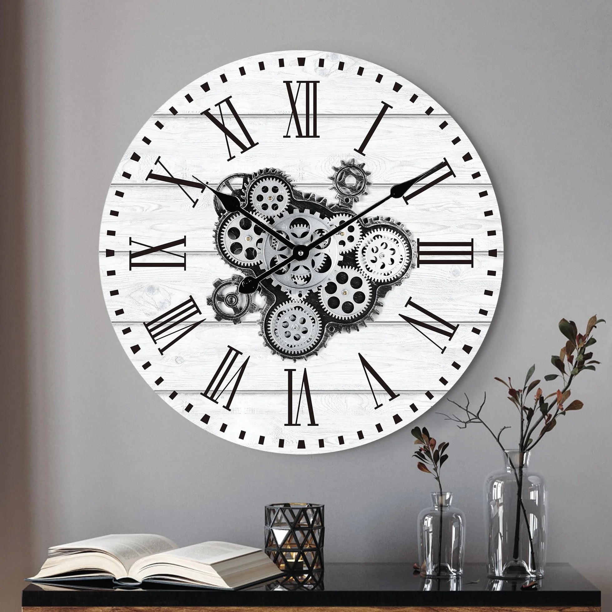 Horloge Murale Engrenages Mobiles Geante 57cm Industrielle Bois Vintage Blanc Pendule Murale Steampunk Chiffres Romains