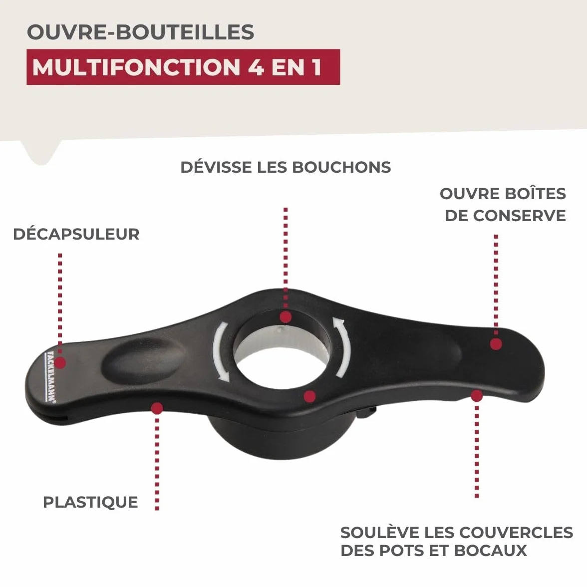 Fackelmann Ouvre bouteille 4 en 1, décapsuleur, ouvre boîte, ouvre bocal, Plastique, Noir, 14,5 x 4,5 x 2,5 cm