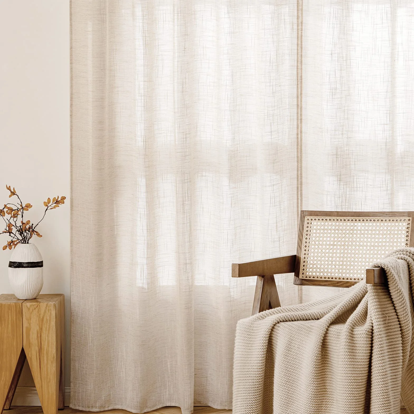 Rideau Voilage Lin 140x225 cm Lot de 2 Riz Blanc MIULEE