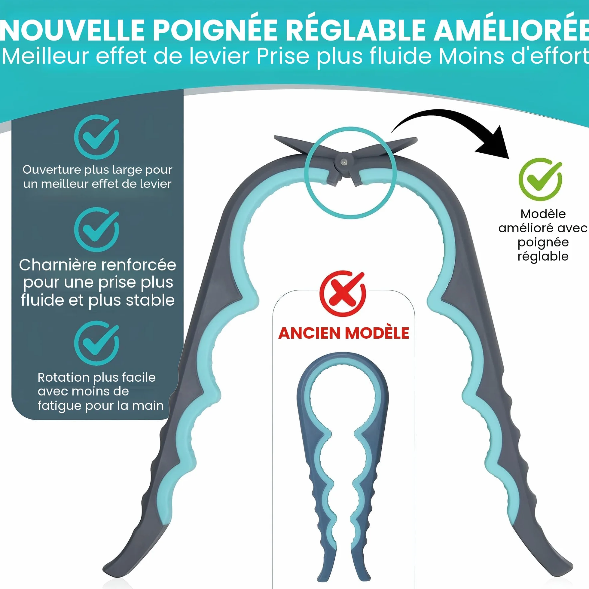 Ouvre-bocal multifonction 5 en 1 avec caoutchouc antidérapant pour mains faibles et arthritiques