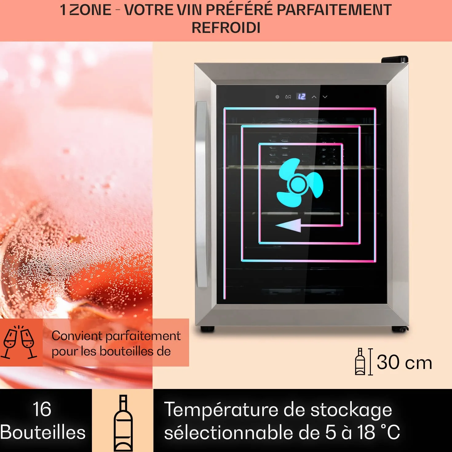 Klarstein Cave à Vin Réfrigérateur à Vin Porte en Verre 16 Bouteilles 5-18°C Protection UV