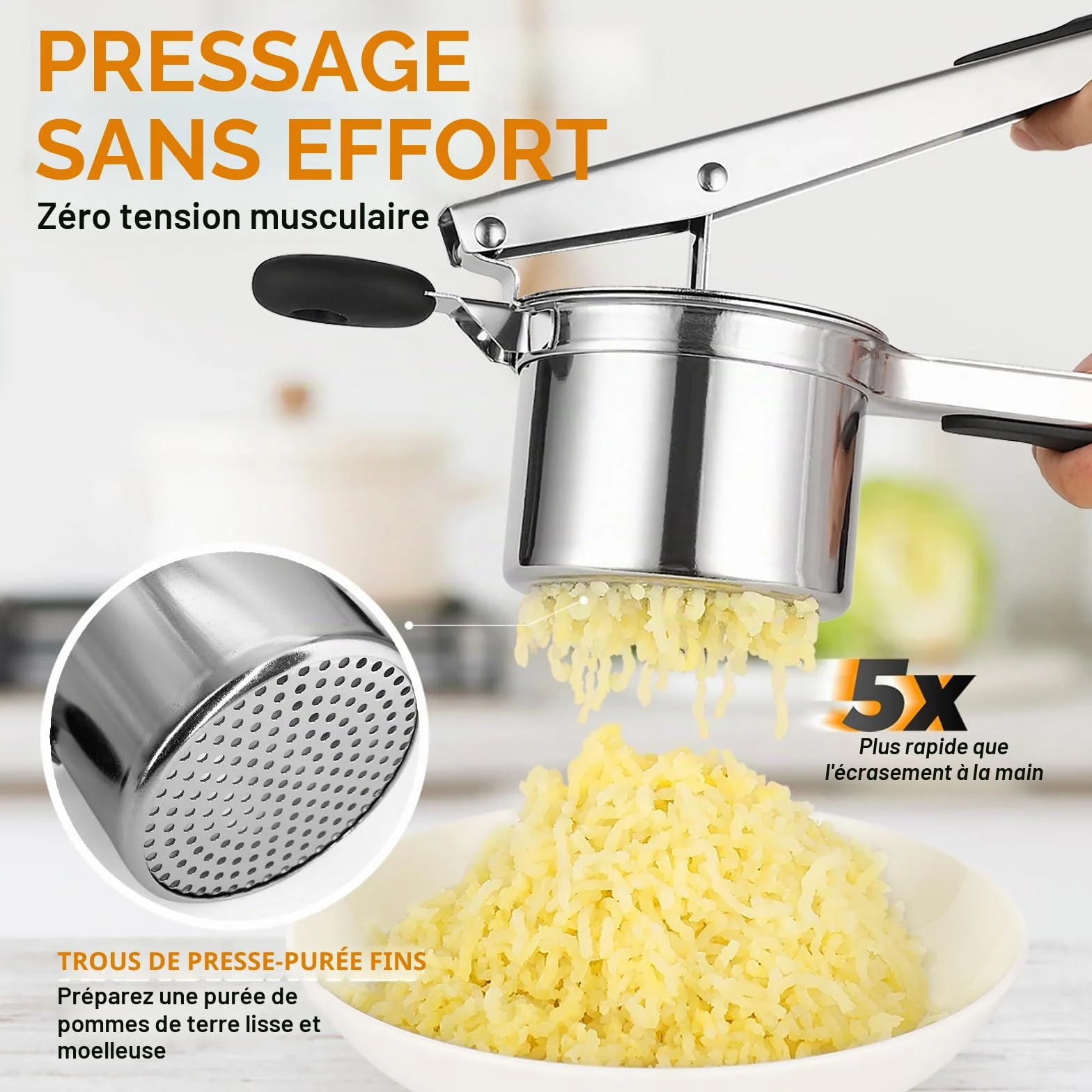 Presse-purée inox 18/10 450 ml, Presse pommes de terre robuste 3 disques interchangeables, Ustensile cuisine purée lisse spaetzle gnocchis légumes