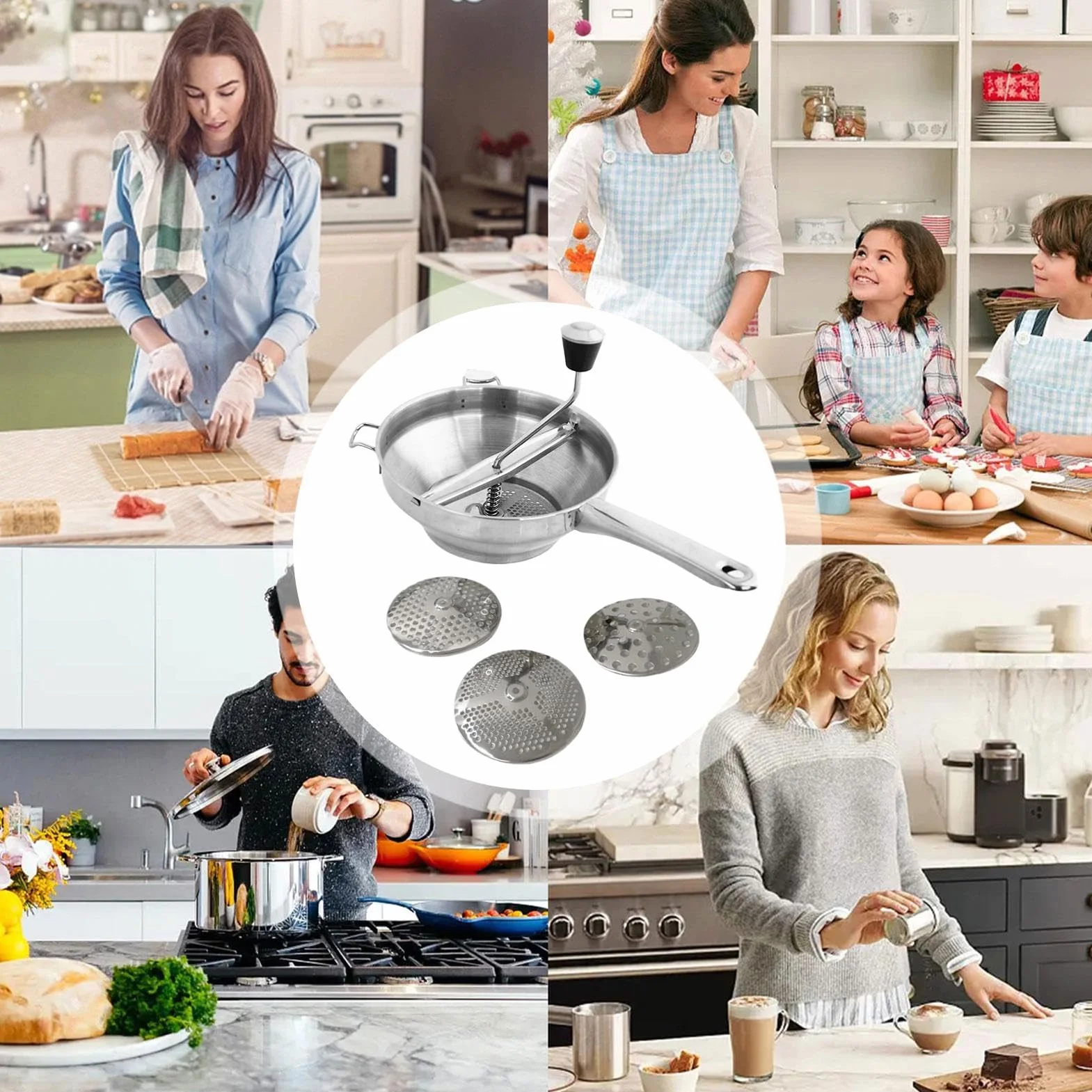 Moulin À Aliments En Acier Inoxydable Avec 3 Disques De Broyage Manuel Rotatif