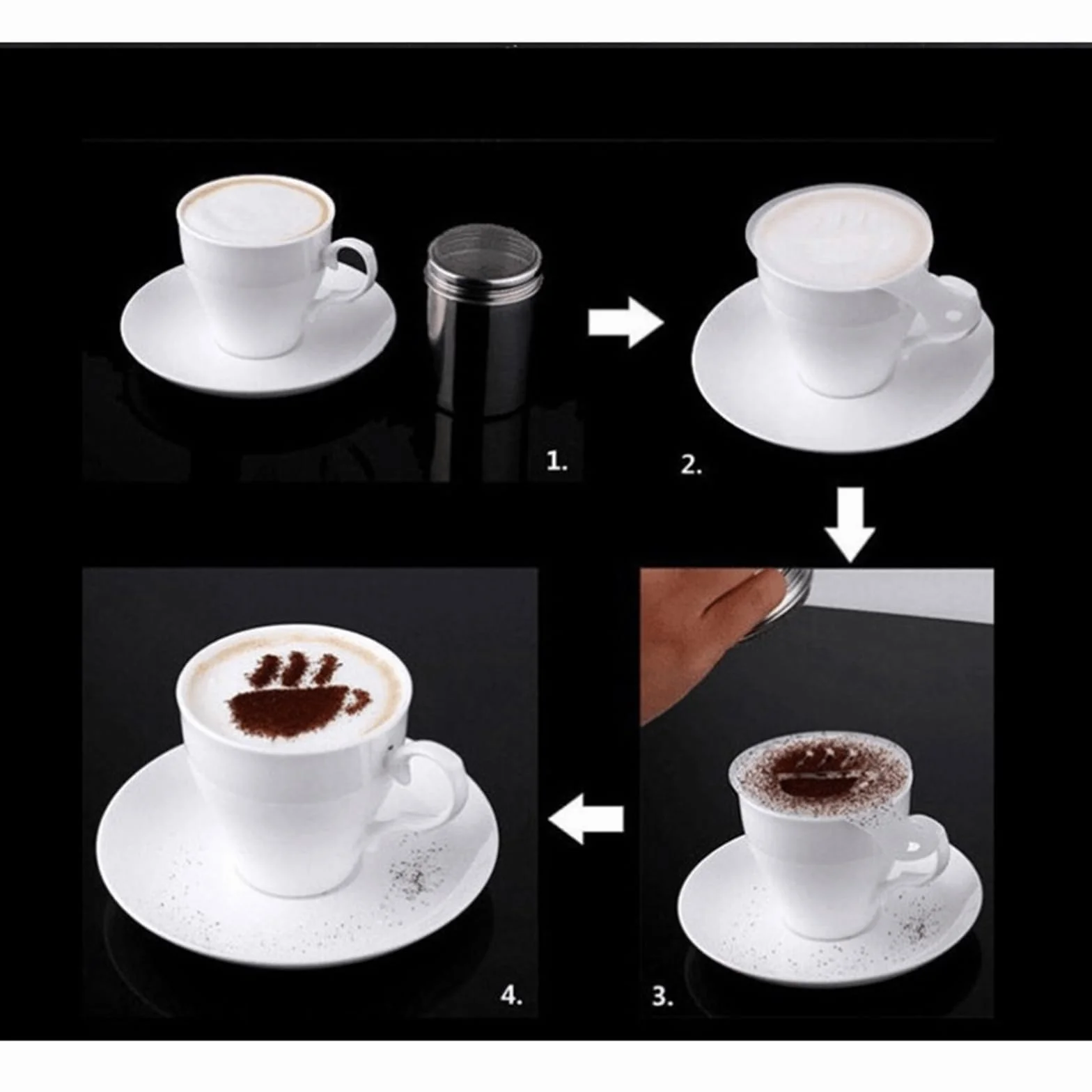 Tamis à cacao en acier inoxydable avec 16 pochoirs pour cappuccino, chocolat chaud et sucre glace