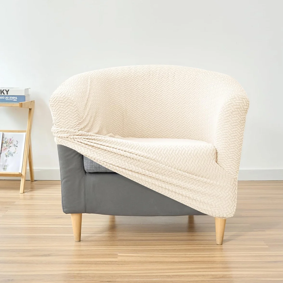 Housse de Fauteuil Cabriolet 1 Place Beige Chesterfield Jacquard Extensible Tub Chair pour Salon Café