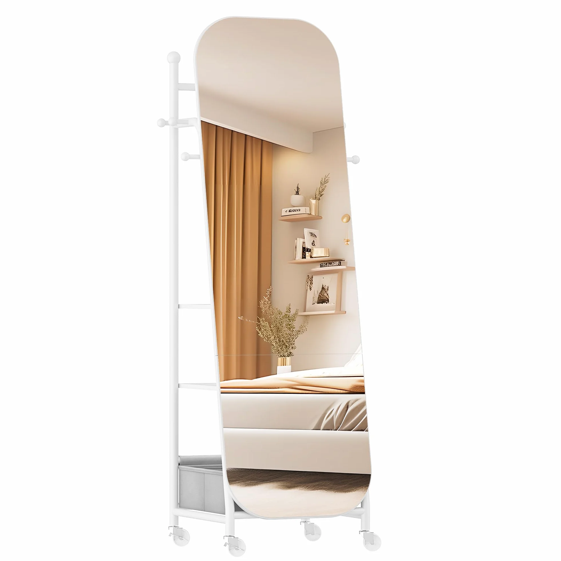 Miroir sur pied avec Porte-Manteau 50x165,8 cm Roues Pivotantes 360° Blanc