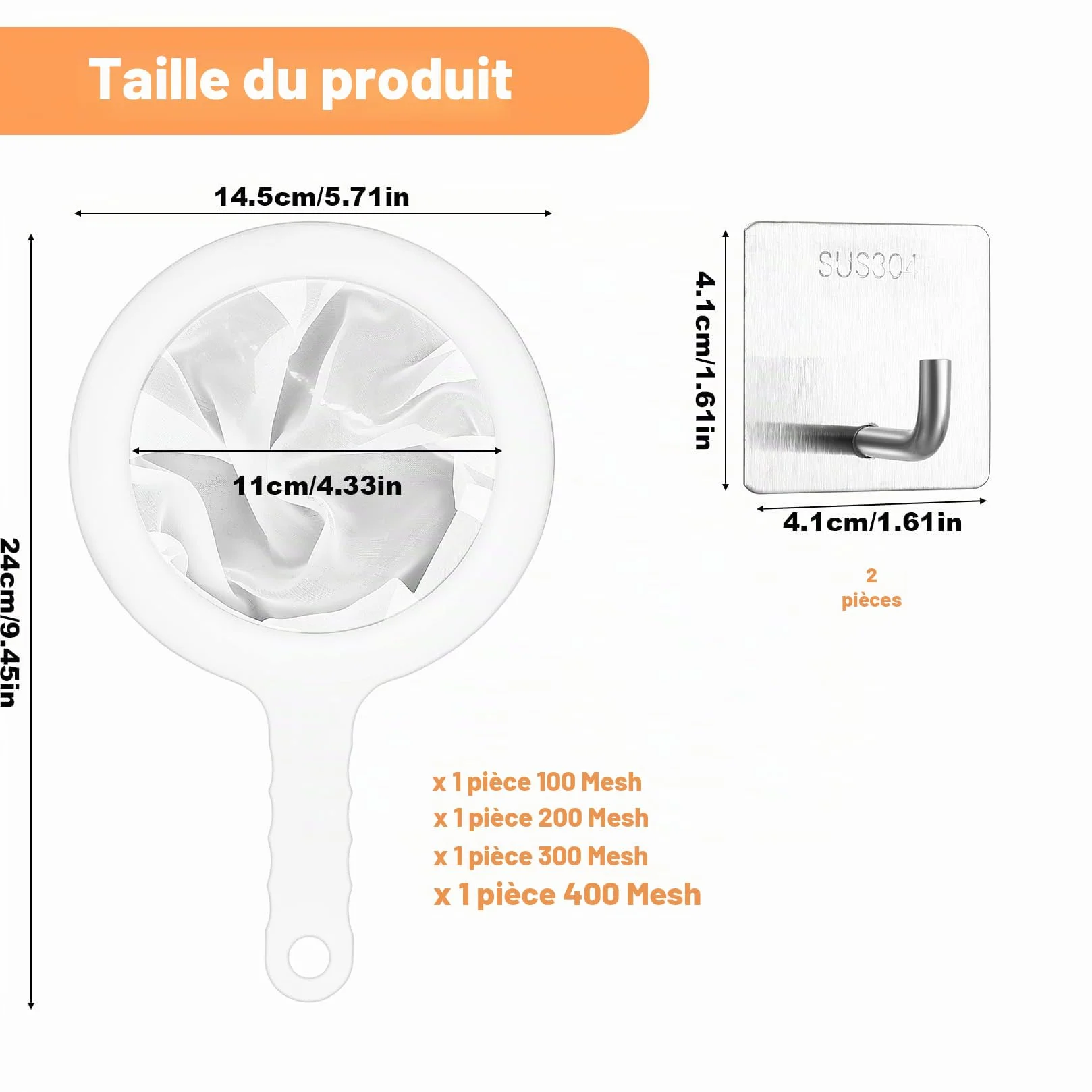 Filtre à Tamis Fin avec Poignée, Alimentaire Filtres en Nylon, 100/200/300/400 Mailles Tamis Cuisine pour Filtrage Jus Lait Café