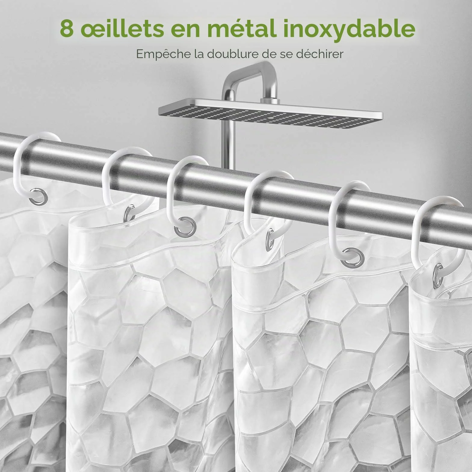 Rideau de Douche 120 x 200cm, 3D Semi Transparent EVA Anti Moisissure Imperméable avec 8 Anneaux