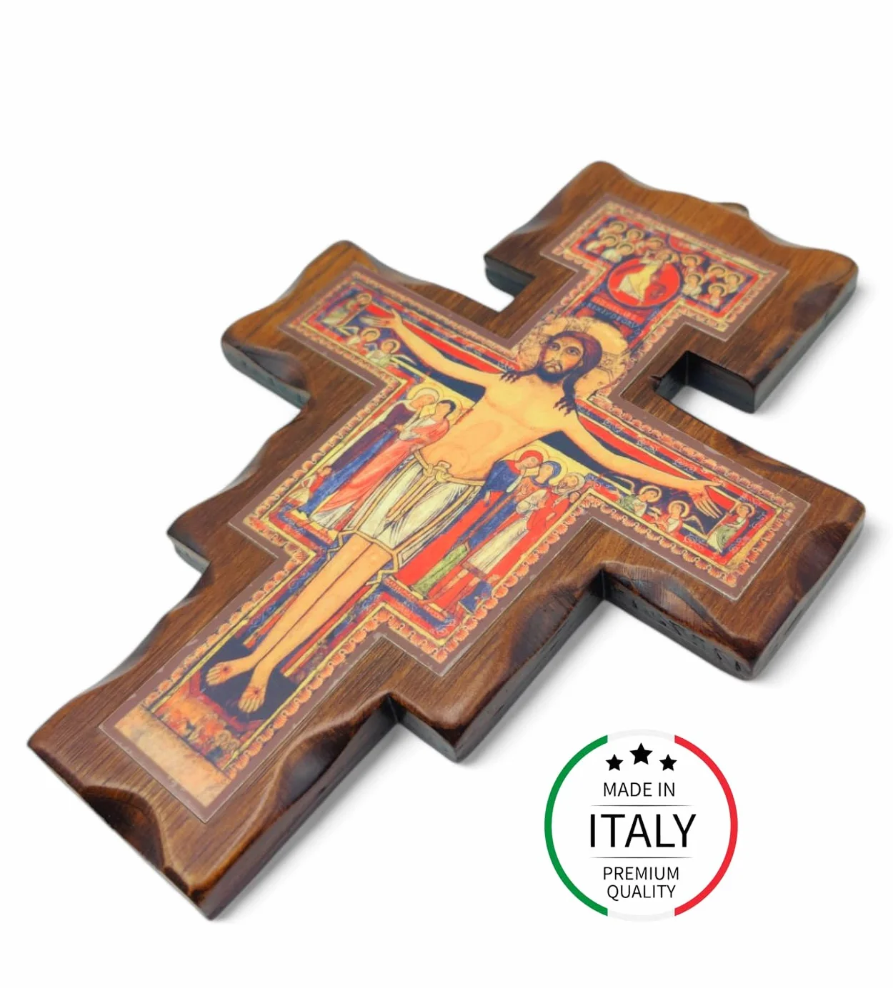 Croix San Damiano La Balestra en Bois Mural 19x14 Fabriqué en Ombrie Italie