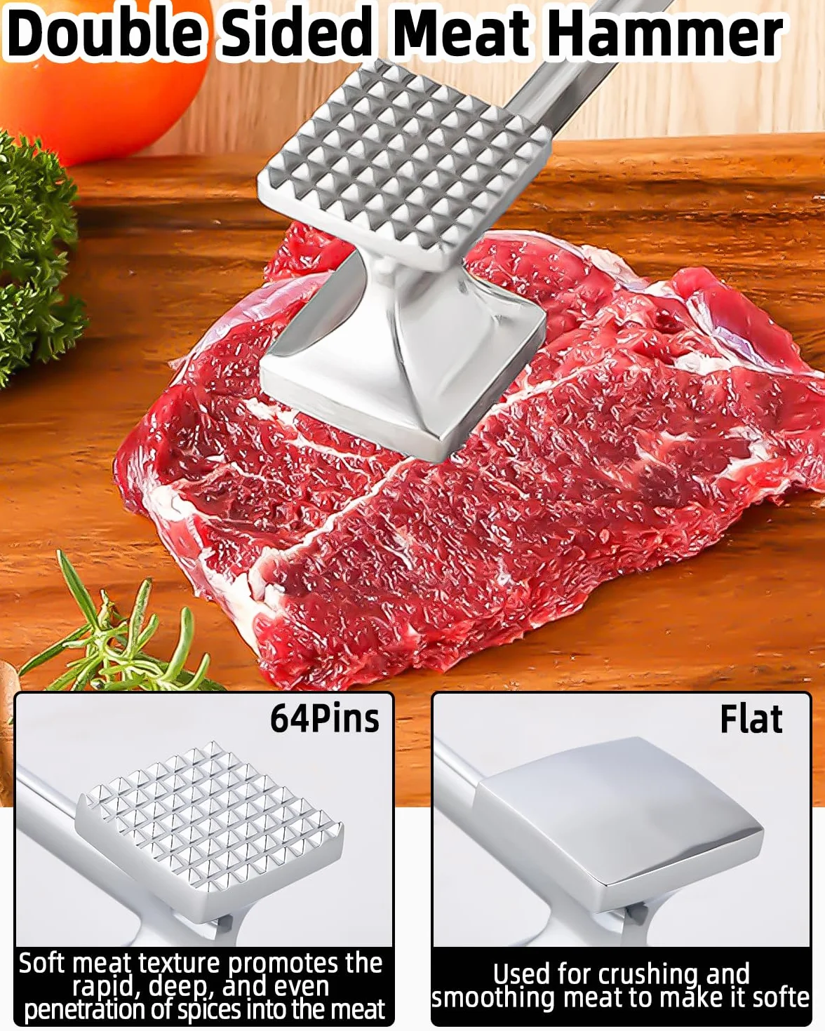 Attendrisseur de Viande en INOX 27 cm Marteau à Steak Double Face avec Manche Antidérapant