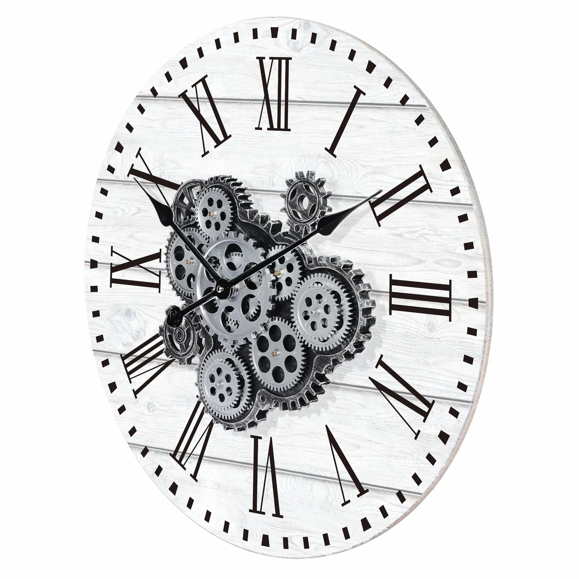 Horloge Murale Engrenages Mobiles Geante 57cm Industrielle Bois Vintage Blanc Pendule Murale Steampunk Chiffres Romains