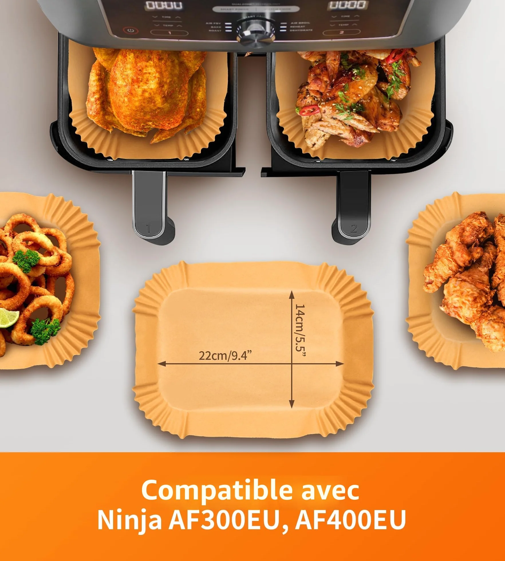Papier Cuisson Air Fryer 100 szt, Papier Sulfurisé Air Fryer Accessoires Double Stack XL SL400EU, AF400EU, AF300EU, 22x14cm Rectangulair Paper Liners Friteuse Sans Huile