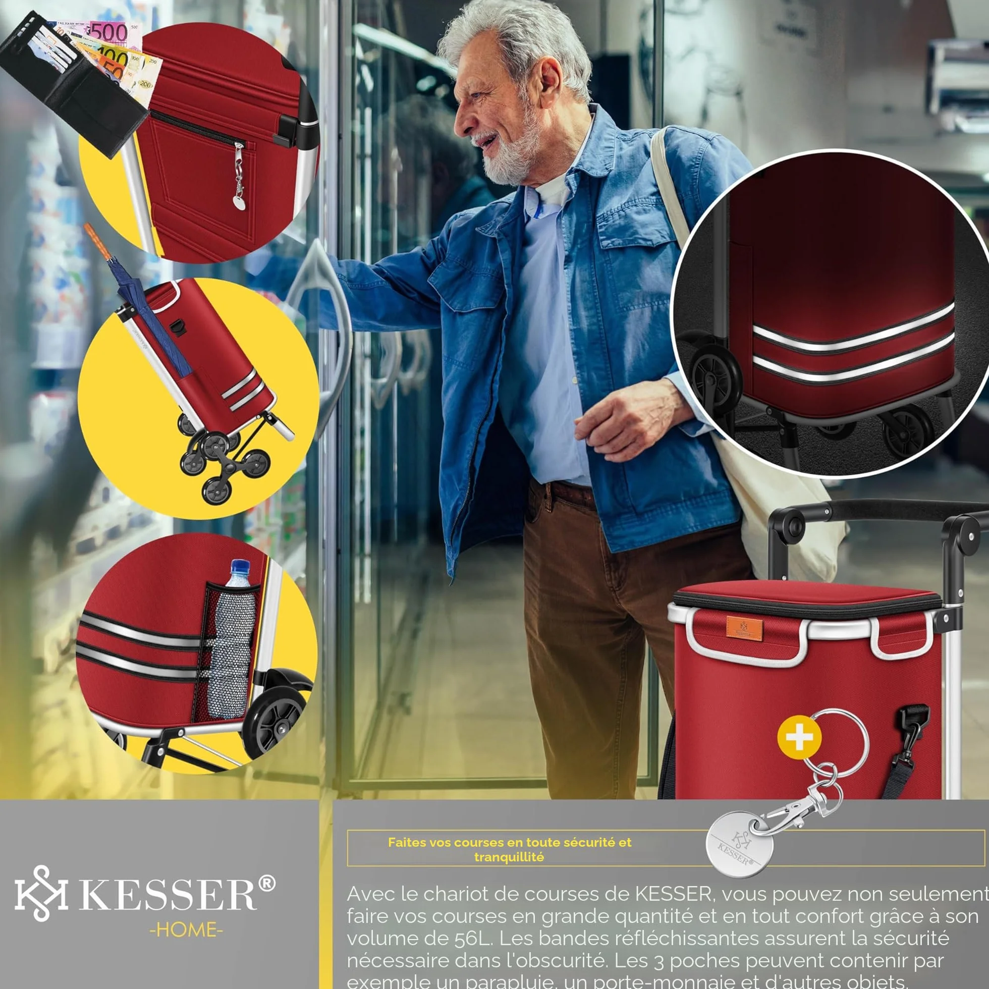 KESSER Chariot à provisions 56 L 50 kg pliable 3 en 1 avec compartiment réfrigérant Bordeaux