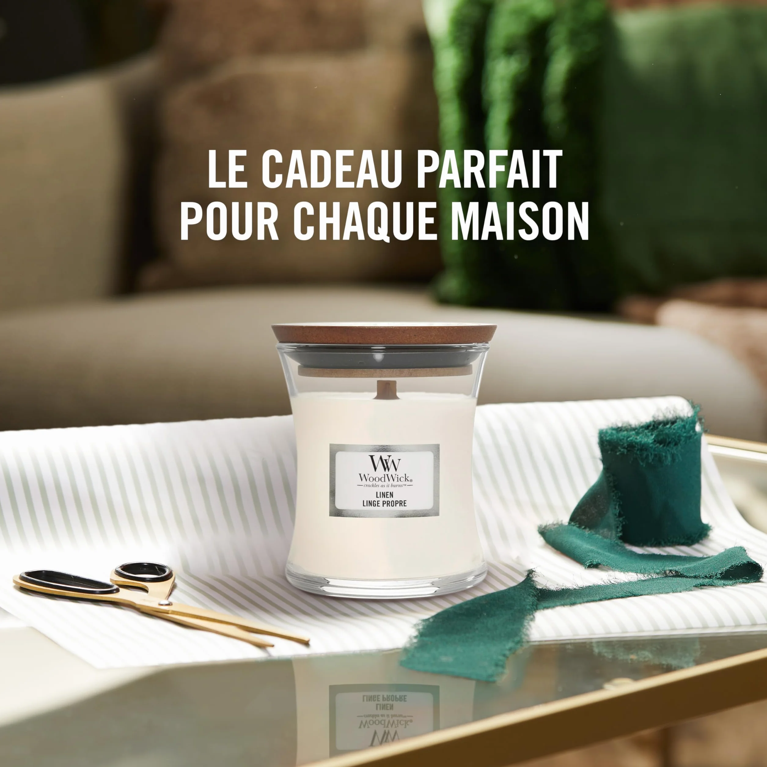 WoodWick bougie parfumée moyenne mèche bois crépitante Thé blanc jasmin 20h combustion