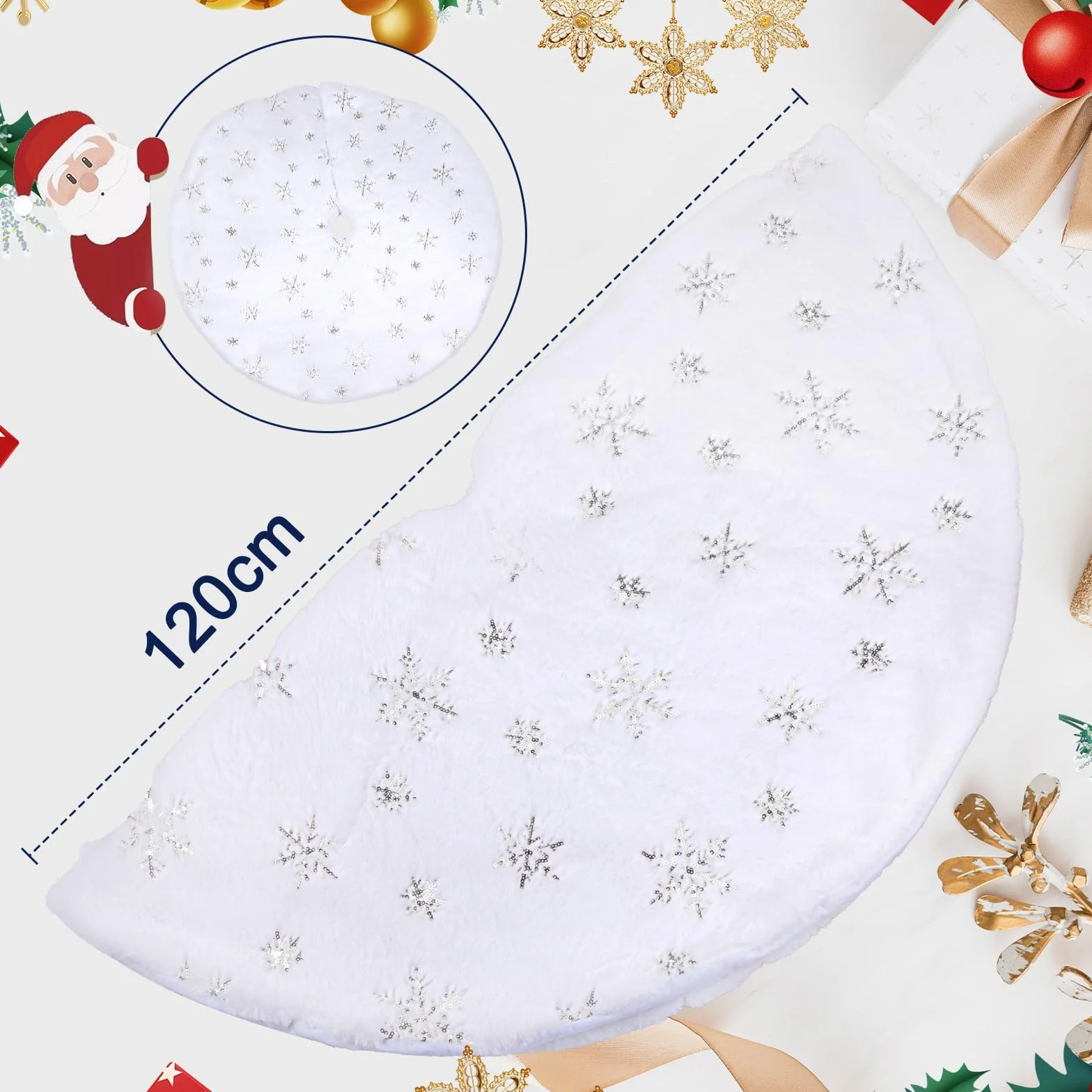 Couverture de sapin de Noël 120 cm blanche en peluche fausse fourrure flocons de neige argentés