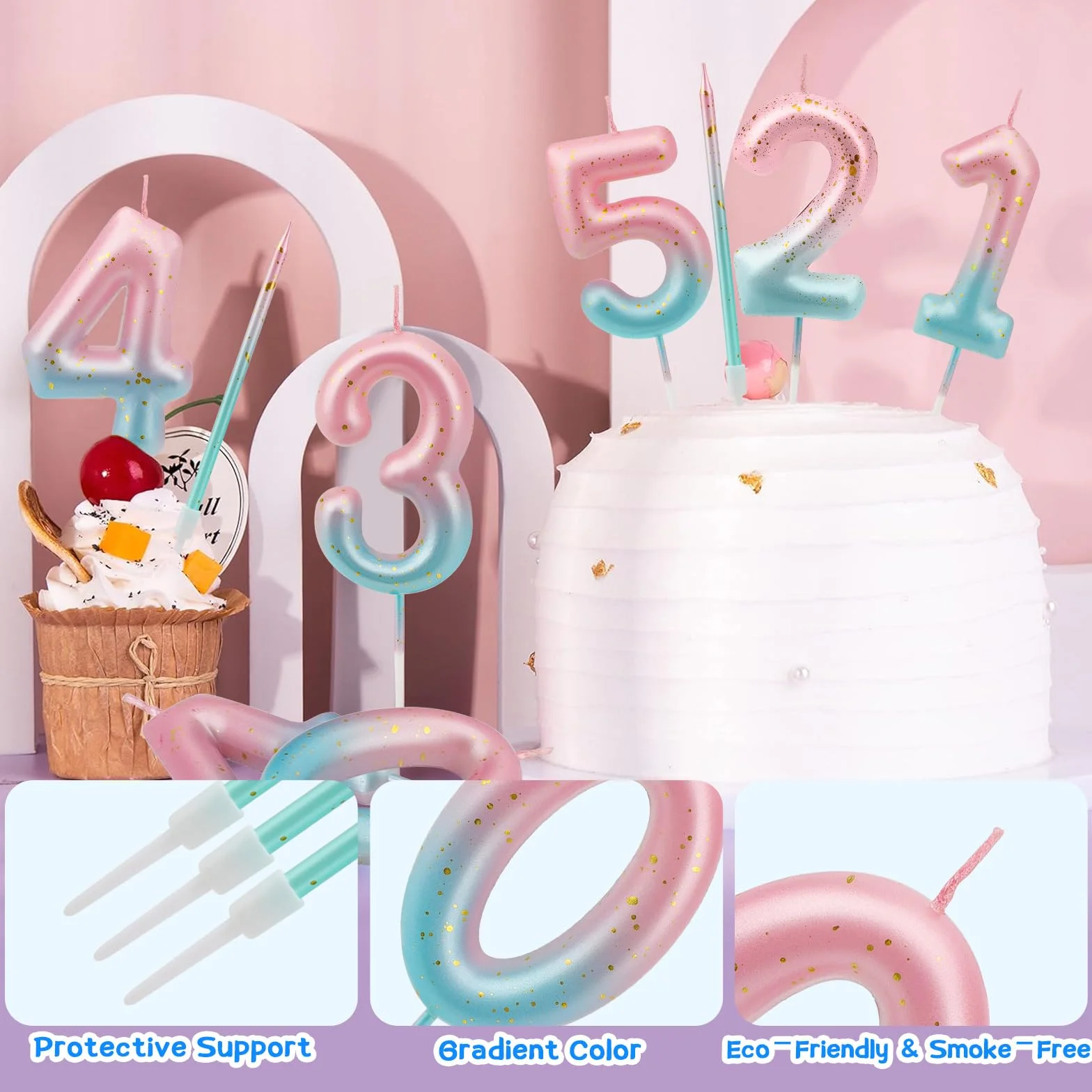Bougie Anniversaire 3D Dégradé Bleu Rose Paillettes D'or Chiffre 3 Ans, Lot de 7