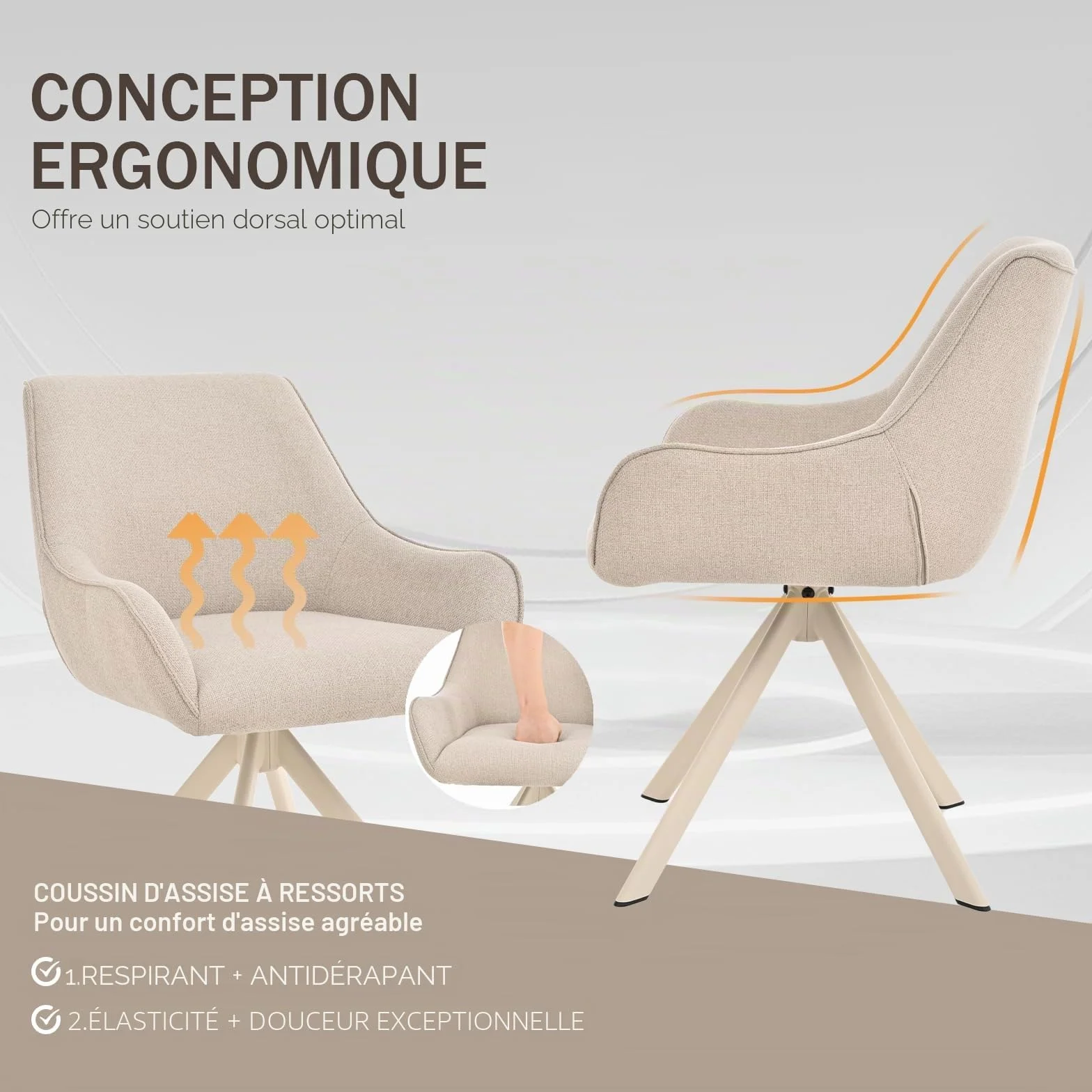 Lot de 6 chaises de salle à manger pivotantes 360° en lin beige avec accoudoirs et structure métal
