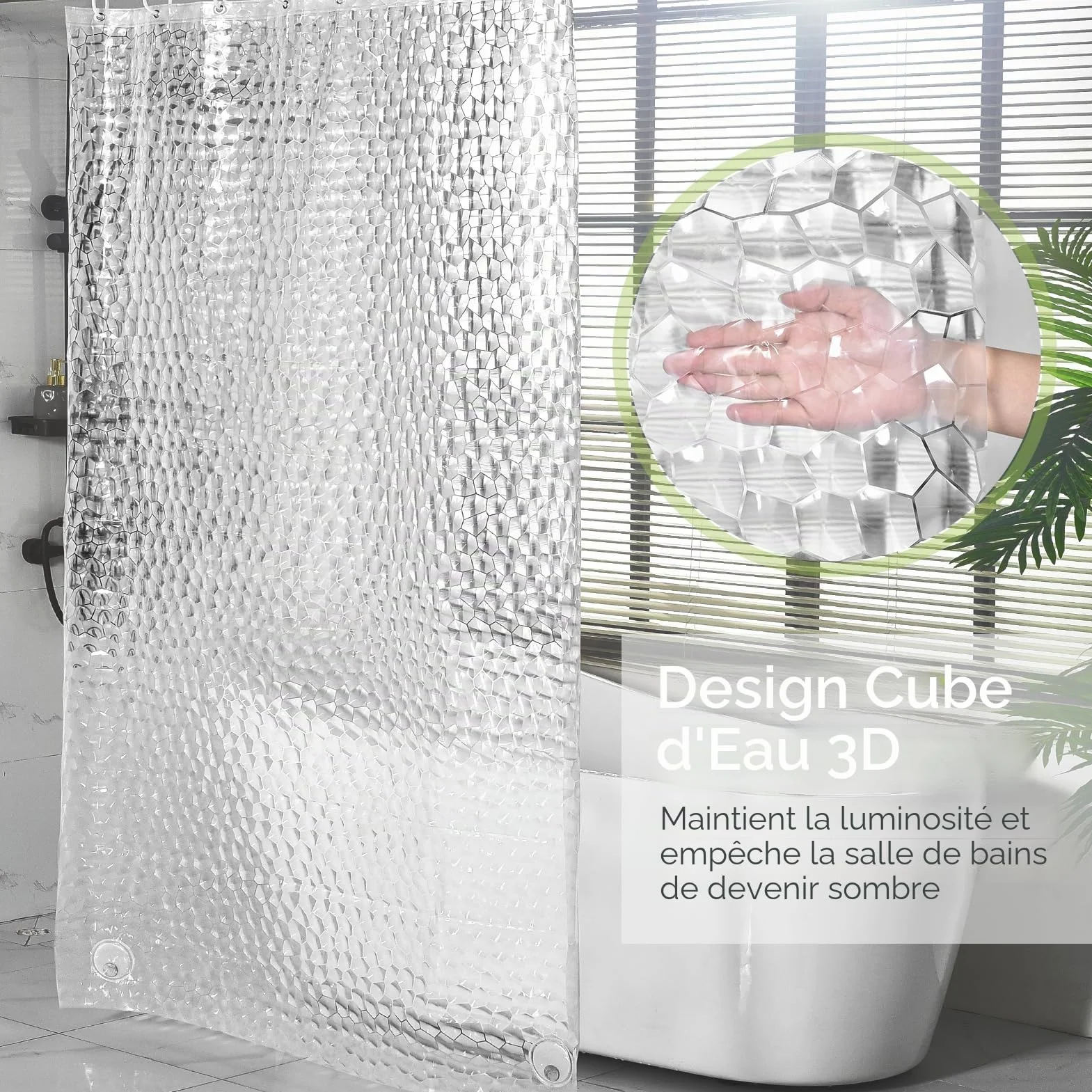 Rideau de Douche 120 x 200cm, 3D Semi Transparent EVA Anti Moisissure Imperméable avec 8 Anneaux