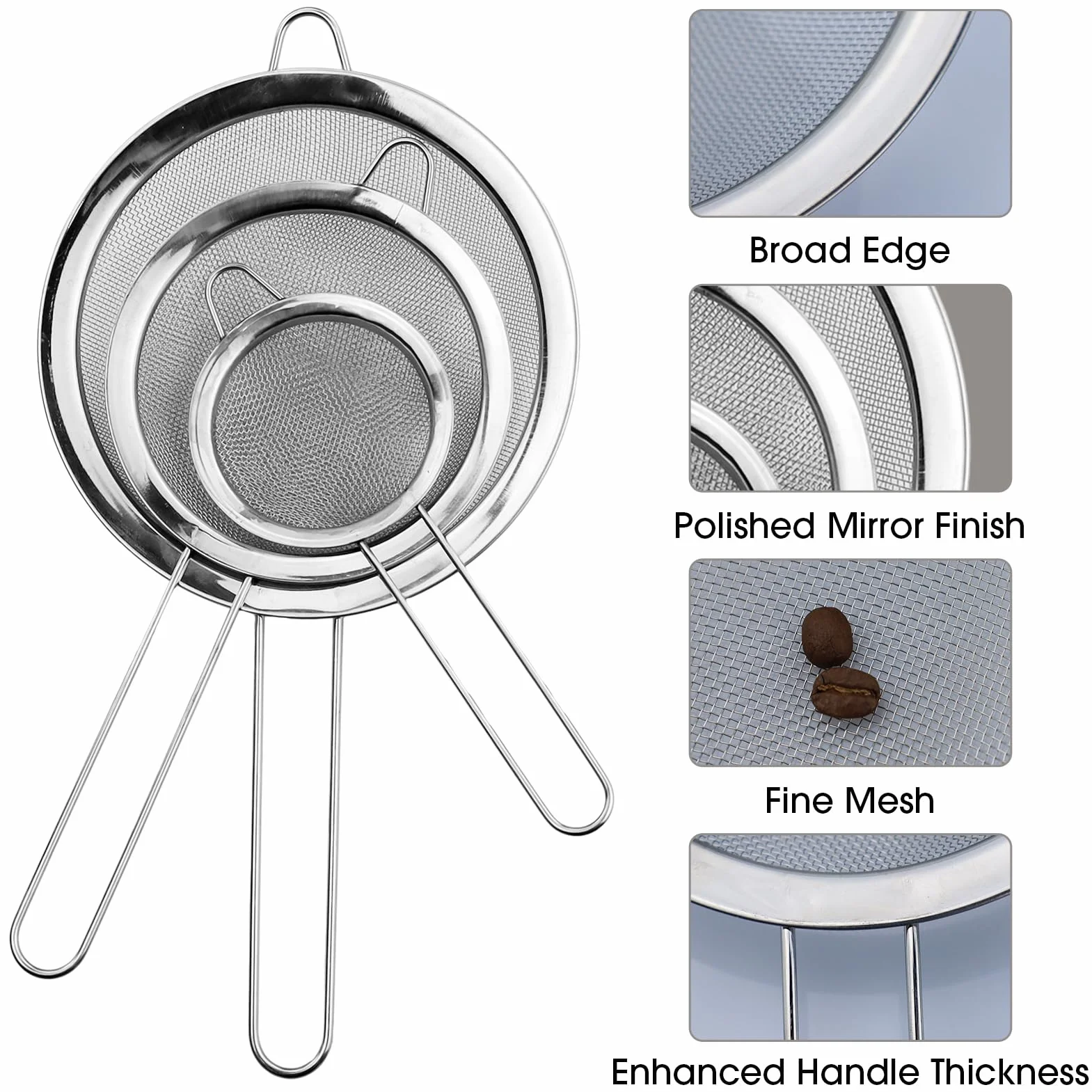Passoire Inox 3 Pièces Tamis Cuisine Métal Maille Fine 8/12/16 cm Filtre Pâtisserie