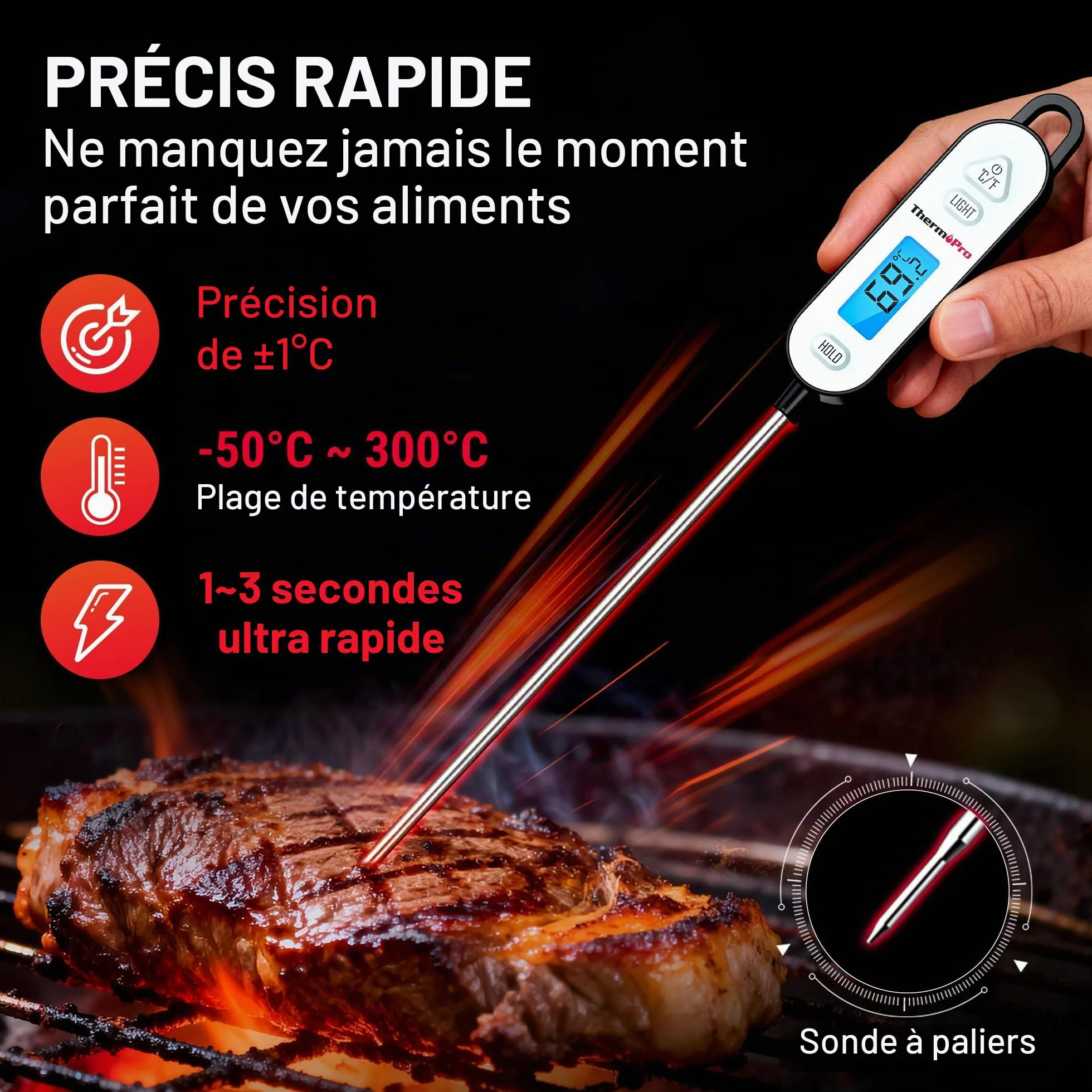 ThermoPro Thermomètre à viande numérique avec sonde pliable - Thermomètre de cuisson pour fumoir, barbecue