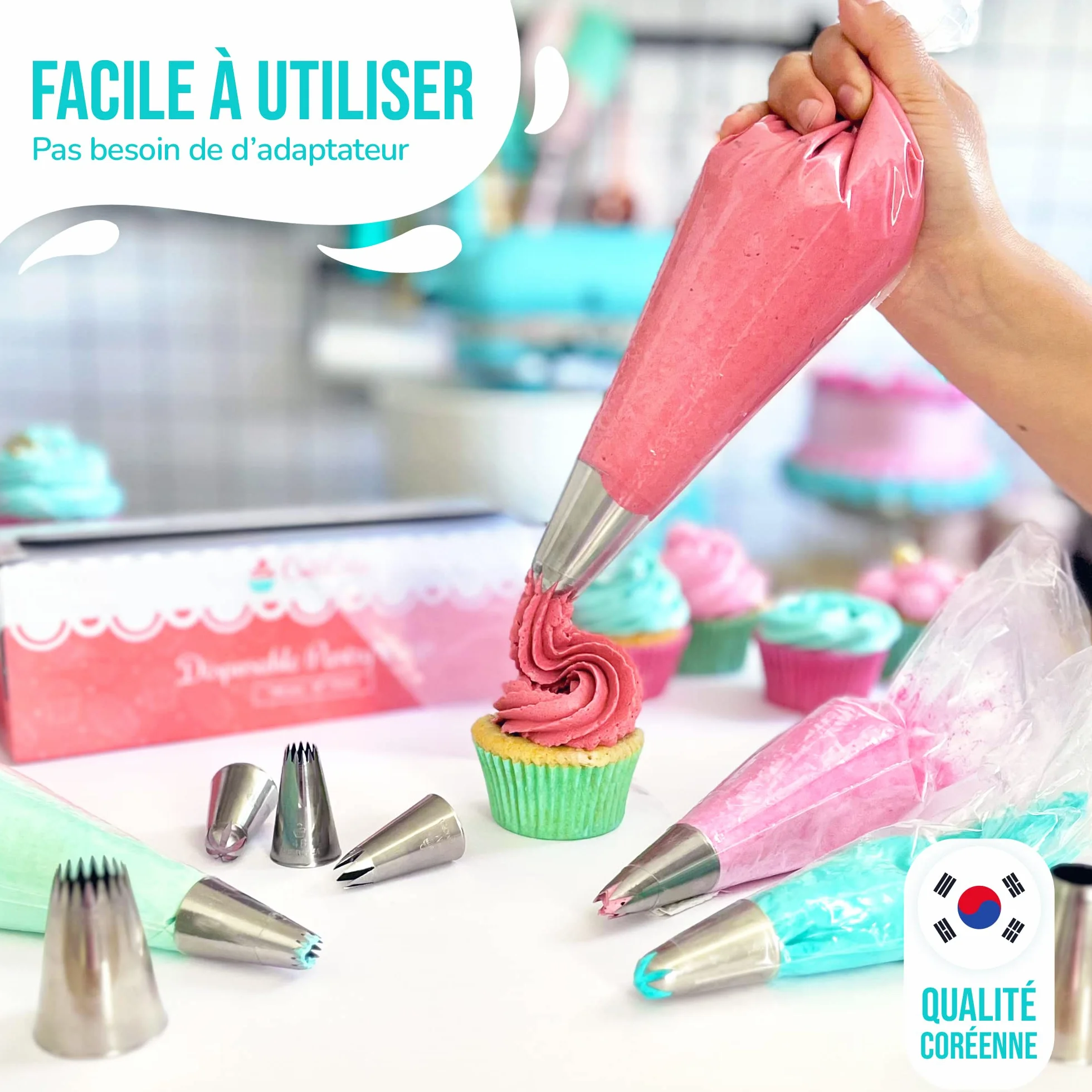 Jeu de 4 grandes douilles à pâtisserie professionnelles pour décorer gâteaux et cupcakes - Compatible poche à douille - Made in Korea