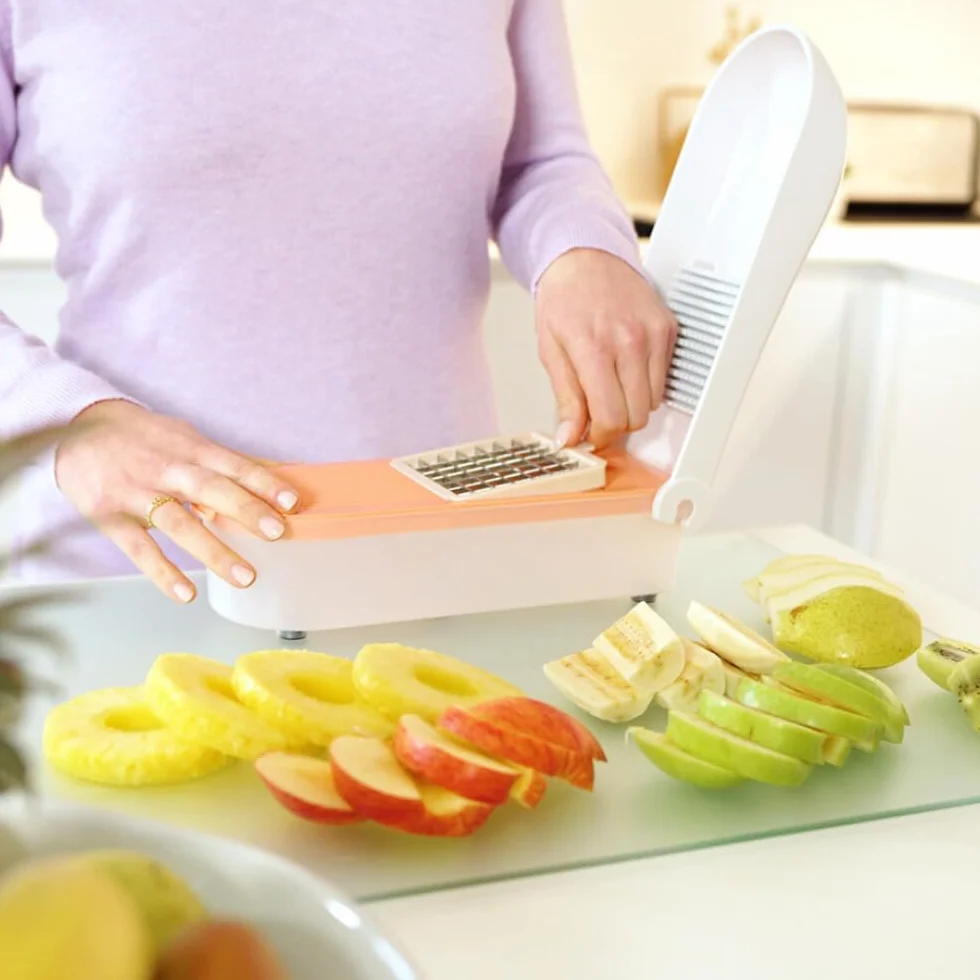 Durandal Coupe légumes et fruits sécurisé 3 lames inox tranche découpe frites rondelles dés râpe fromage bac récupérateur