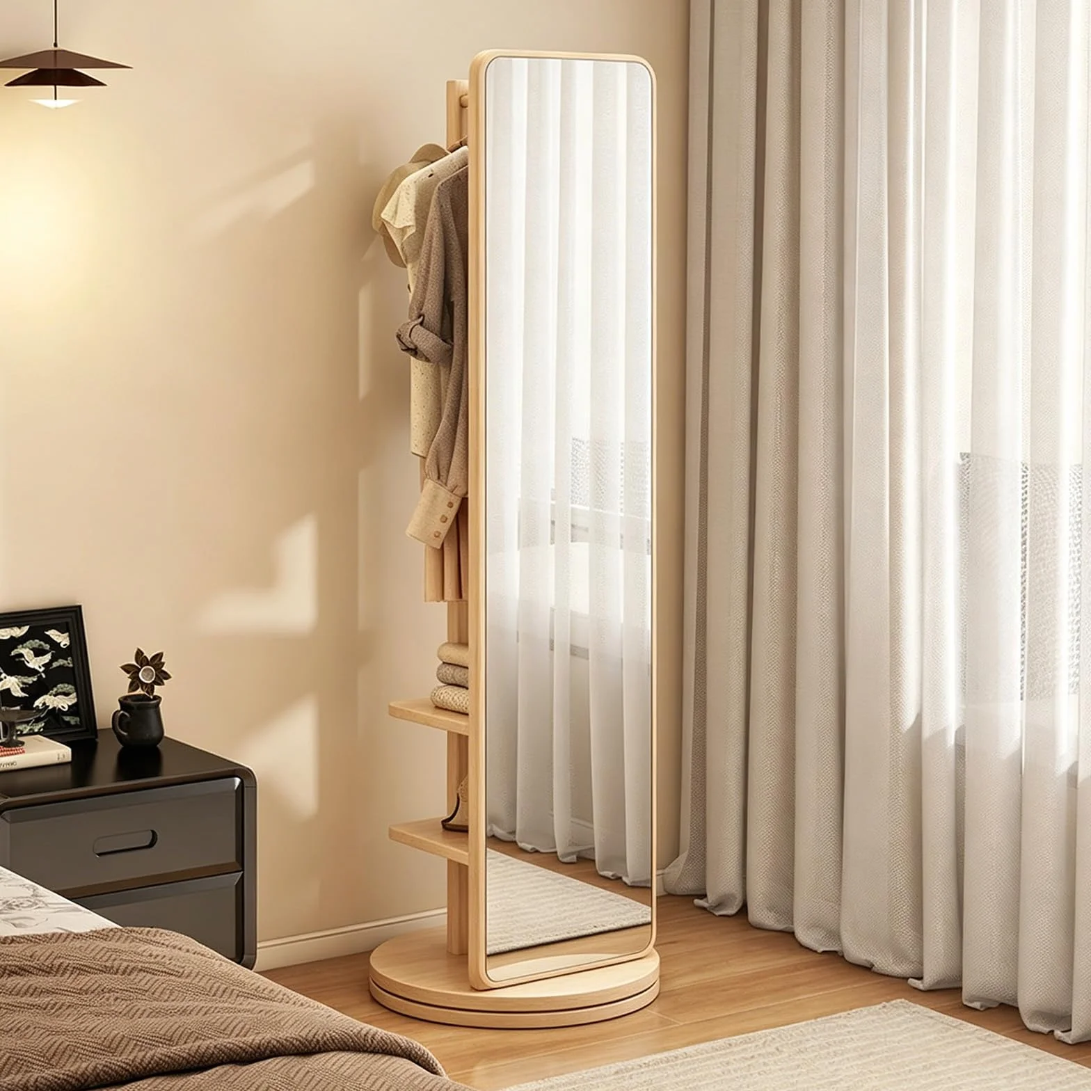 Miroir Pleine Longueur Rotatif à 360° avec Portemanteau en Bois Massif pour Chambre