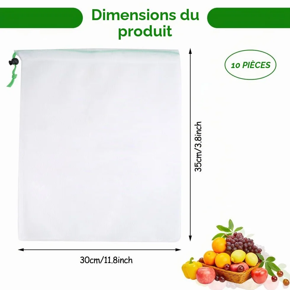 Sac de Cordon en Maille 35 x 30 cm Lavable Anti-Moisissure Nylon Réutilisable Portable pour Shopping Stockage Fruits Légumes