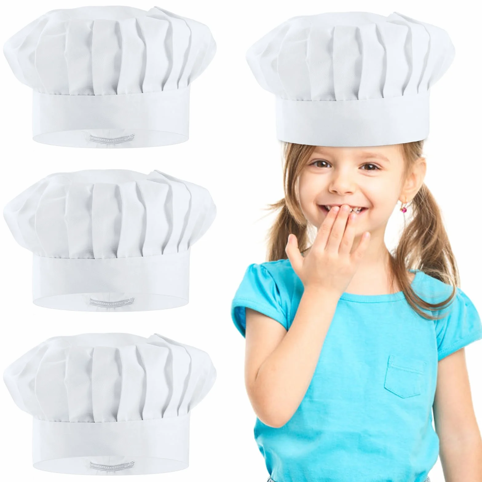 Toques de cuisinier pour enfants, lot de 3, blanches, coton élastique, réglables