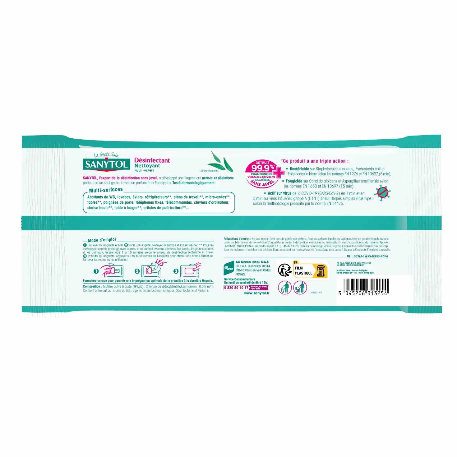 Sanytol Lingettes Désinfectantes Multi-Usages Eucalyptus x72 Bactéricide Virucide Fongicide Sans Javel Fabrication Française