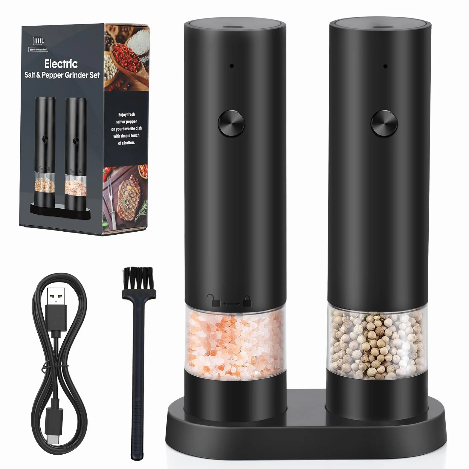 Moulin à Poivre Électrique Rechargeable USB Lot de 2 avec Base Réglable