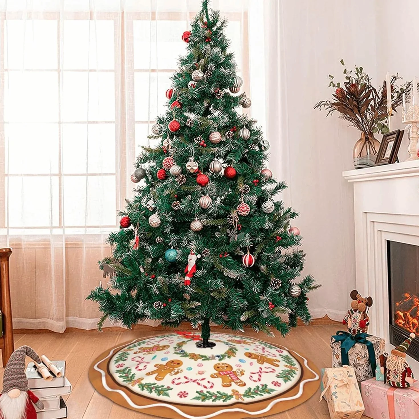 Jupe de Sapin de Noël 120 cm Bonhomme en Pain d'épice Corde Rouge
