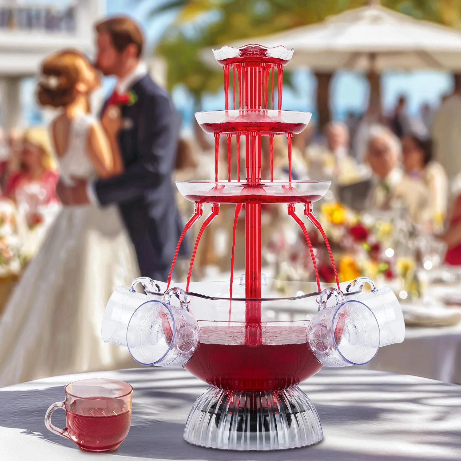 Fontaine à Vin Rouge 3 Niveaux Électrique avec 5 Tasses et Éclairage LED pour Fêtes