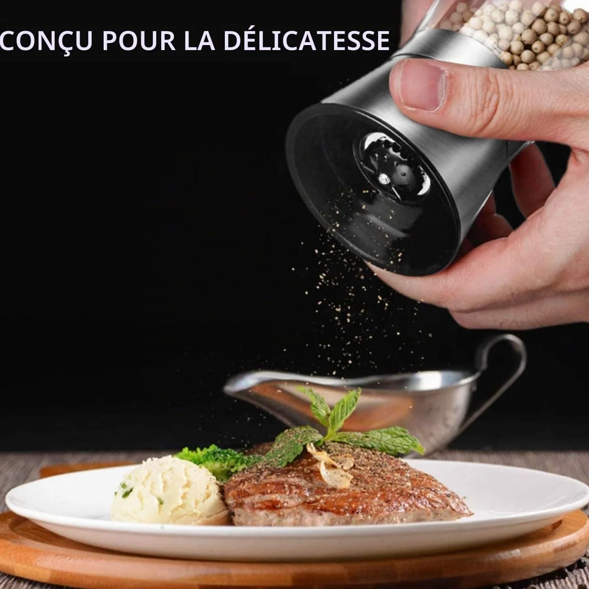 Moulin à poivre en acier inoxydable avec corps en verre, broyeur manuel en céramique réglable pour épices et herbes