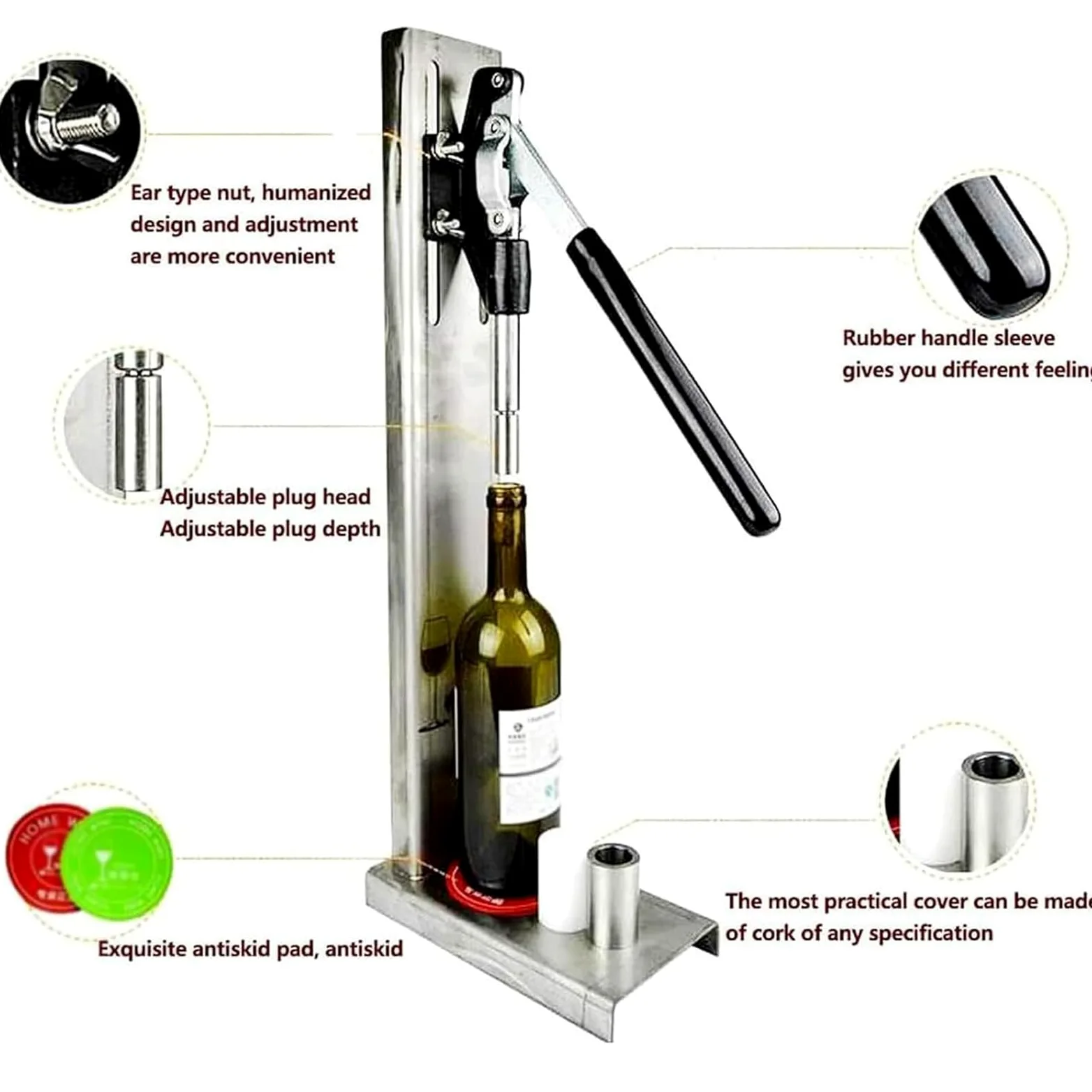 Bouchon de bouteille de vin manuel en acier inoxydable, 300 bouteilles par heure, hauteur réglable, pour usage domestique et commercial