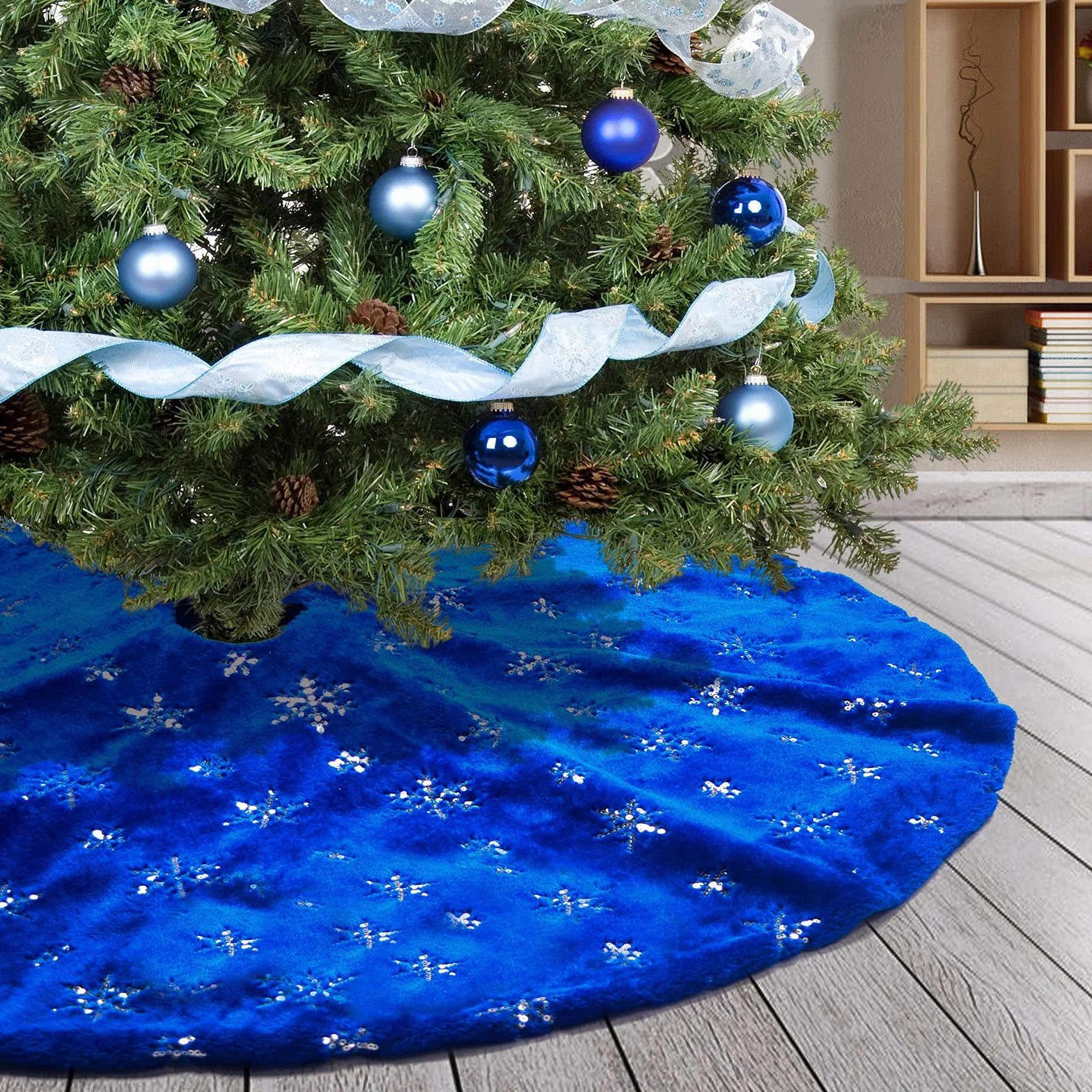 Jupe de Sapin de Noël Bleu Peluche 78cm avec Flocons de Neige Argent Paillettes Couvre-pied Tapis