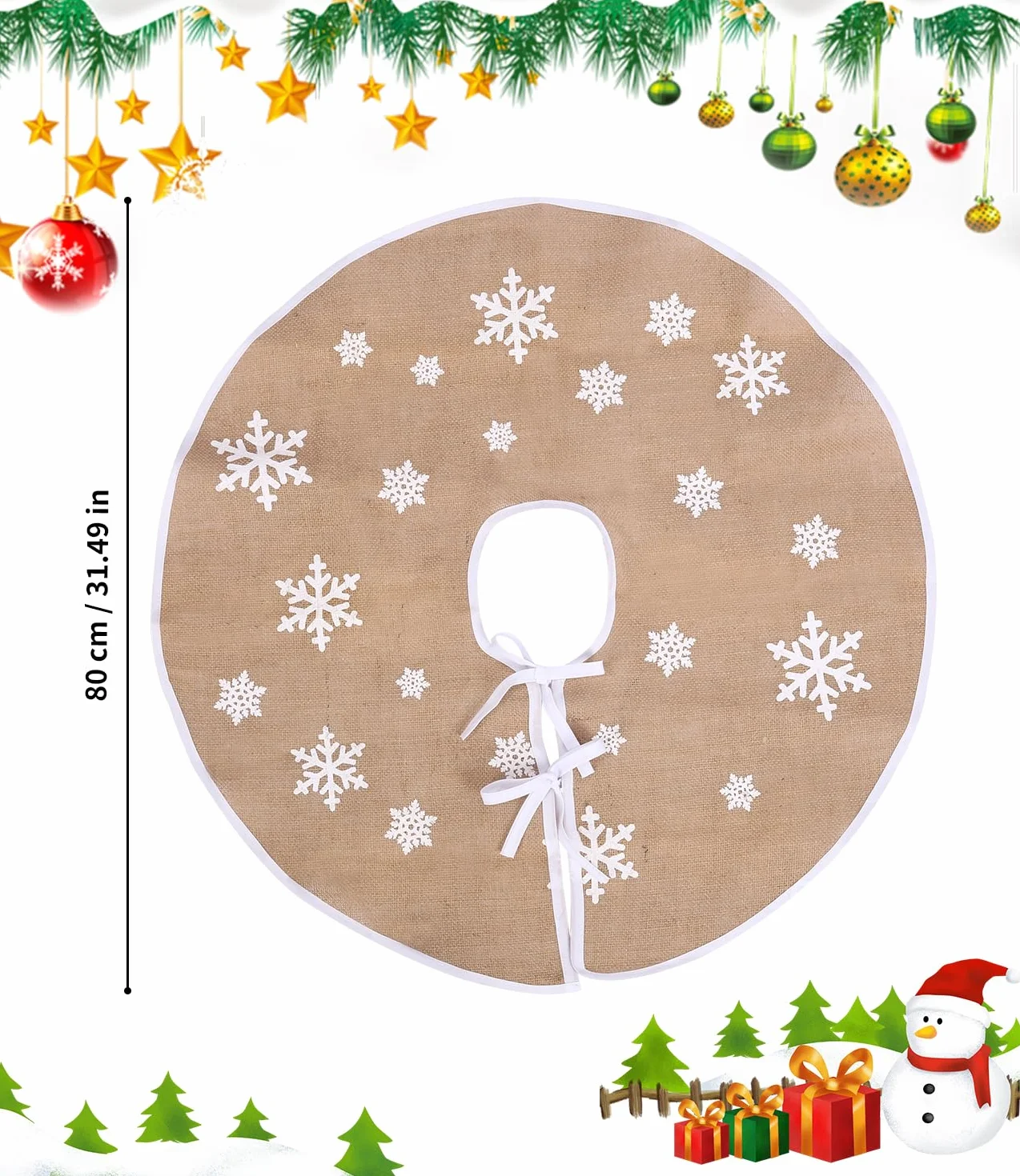 Jupe de Sapin de Noël Flocons de Neige Lin Kaki 80 cm